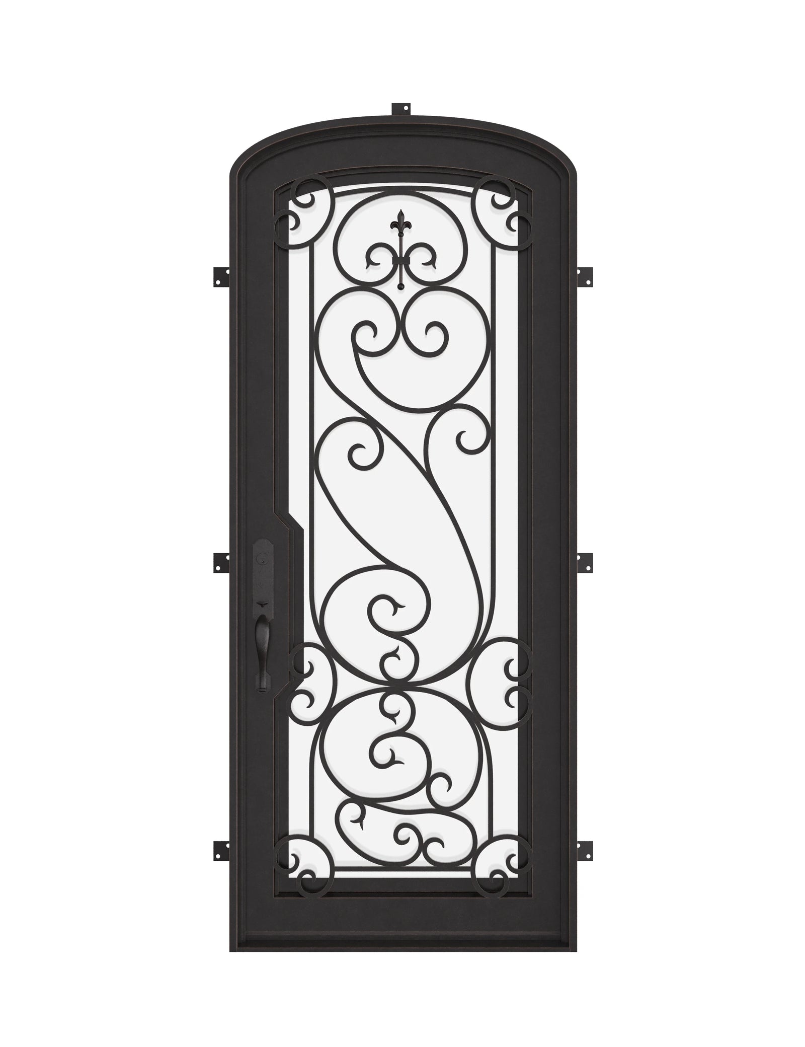 Hills bronze color exterior iron mini arch top single door with dual-pane glass.