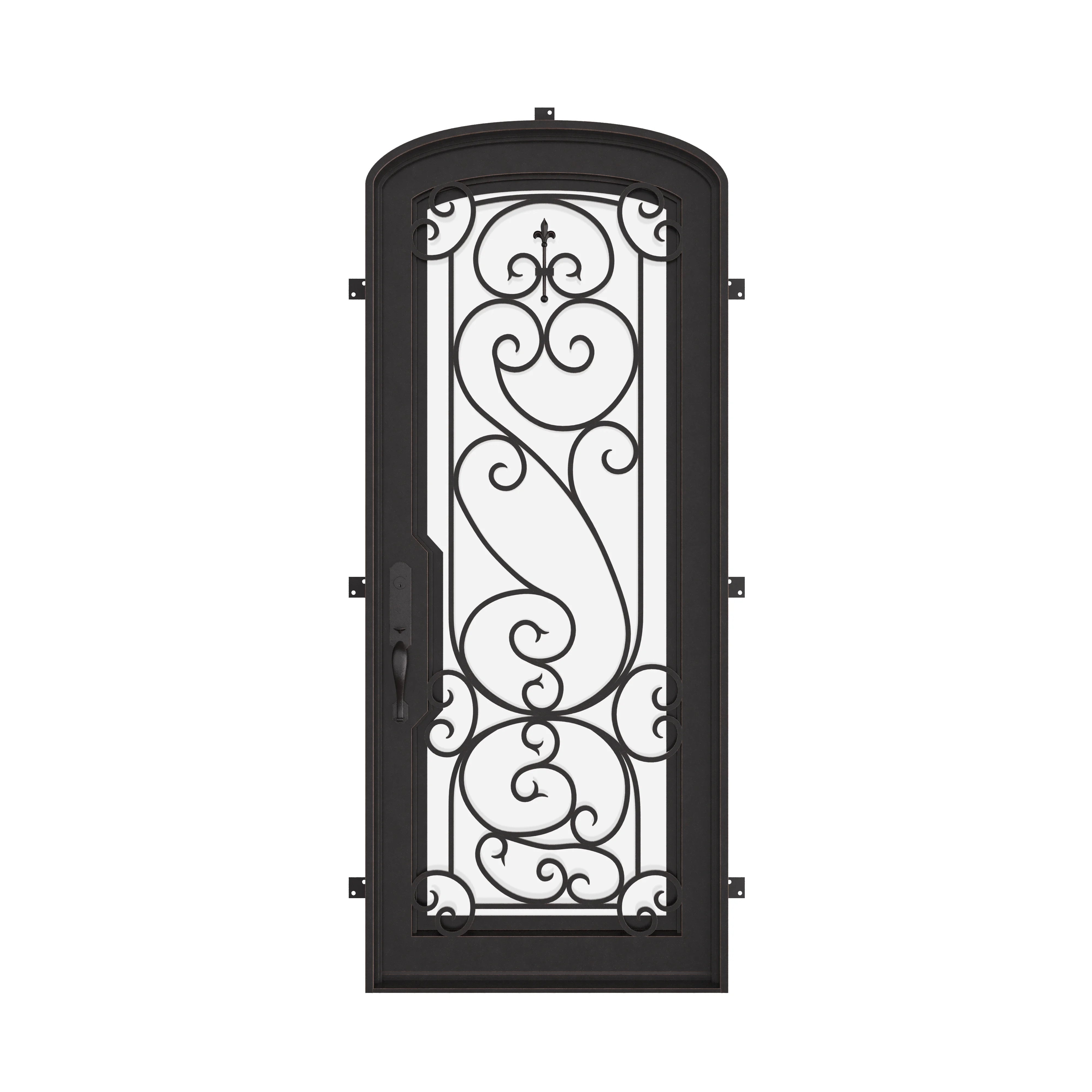 Hills bronze color exterior iron mini arch top single door with dual-pane glass.