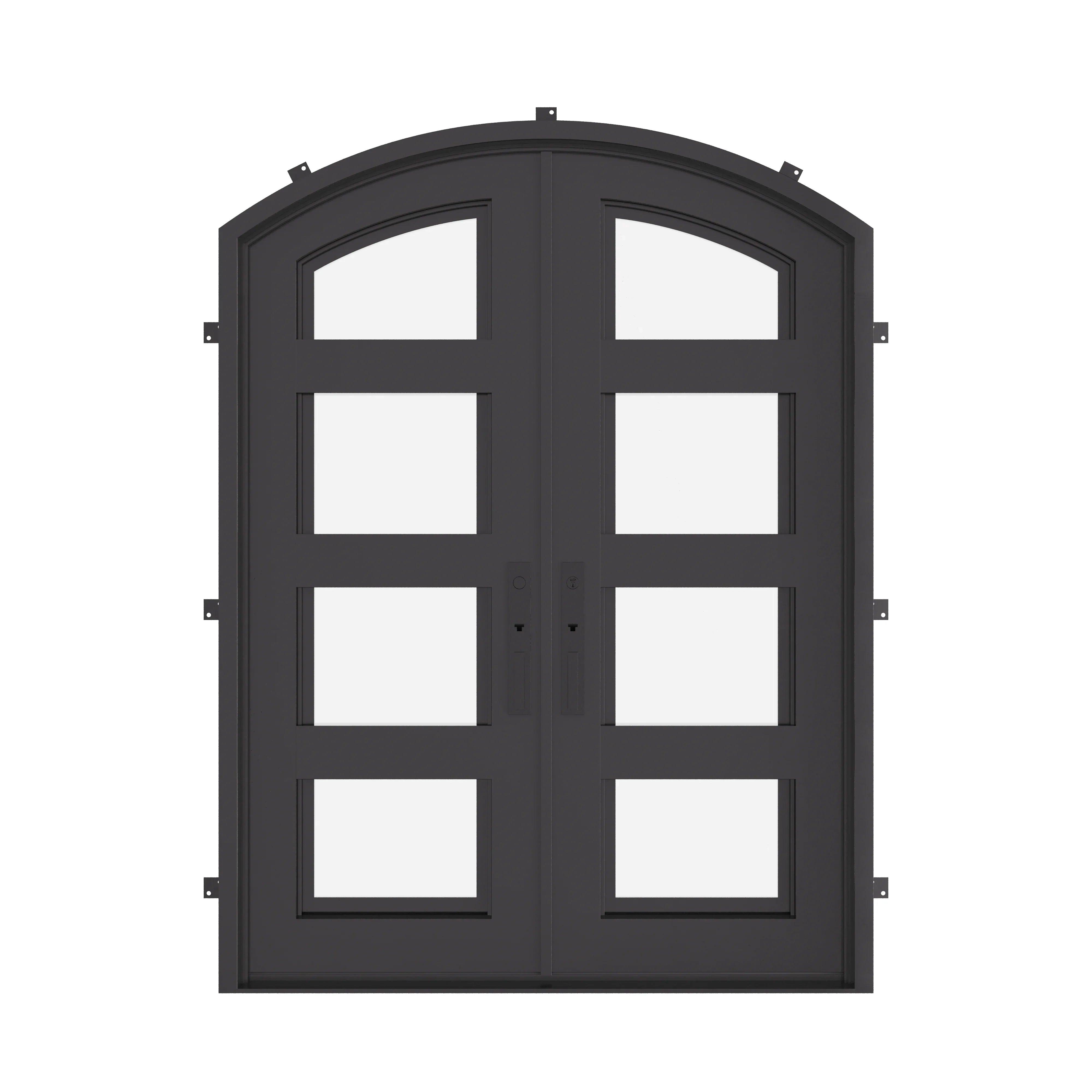 Knox bronze colored iron door with arched design and glass.