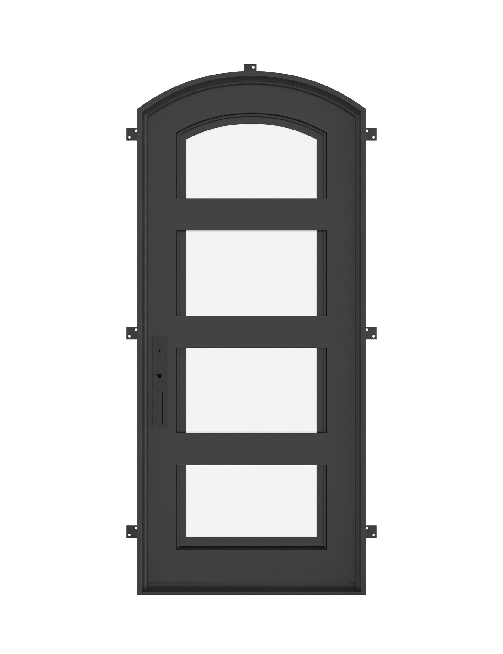 Knox black cold rolled metal single arch top door with energy efficient glass.