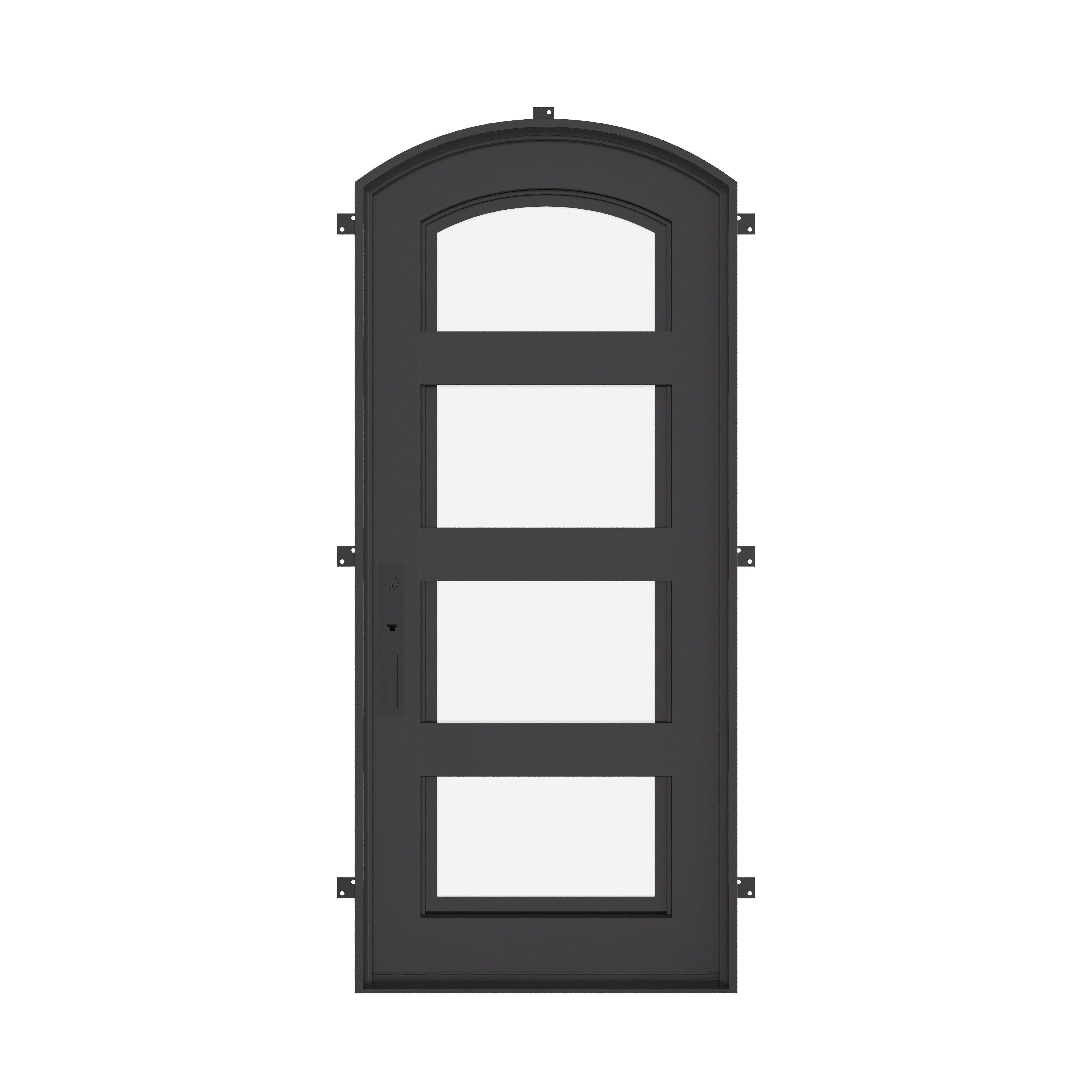 Knox black cold rolled metal single arch top door with energy efficient glass.