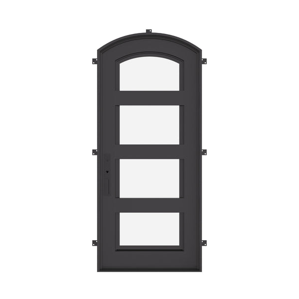 Knox black cold rolled metal single arch top door with energy efficient glass.