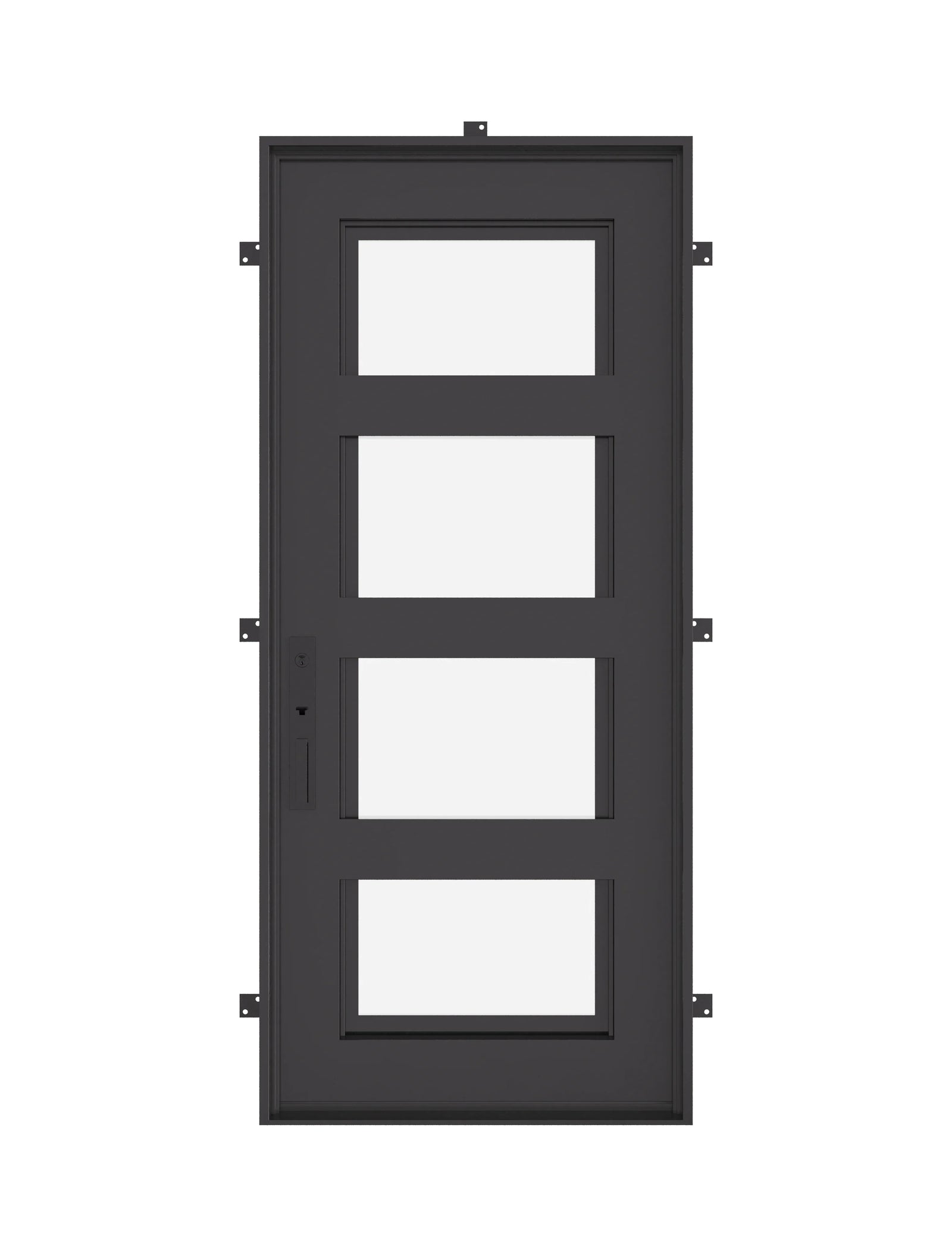 Knox Bronze color exterior metal flat top single swing door with glass panel.