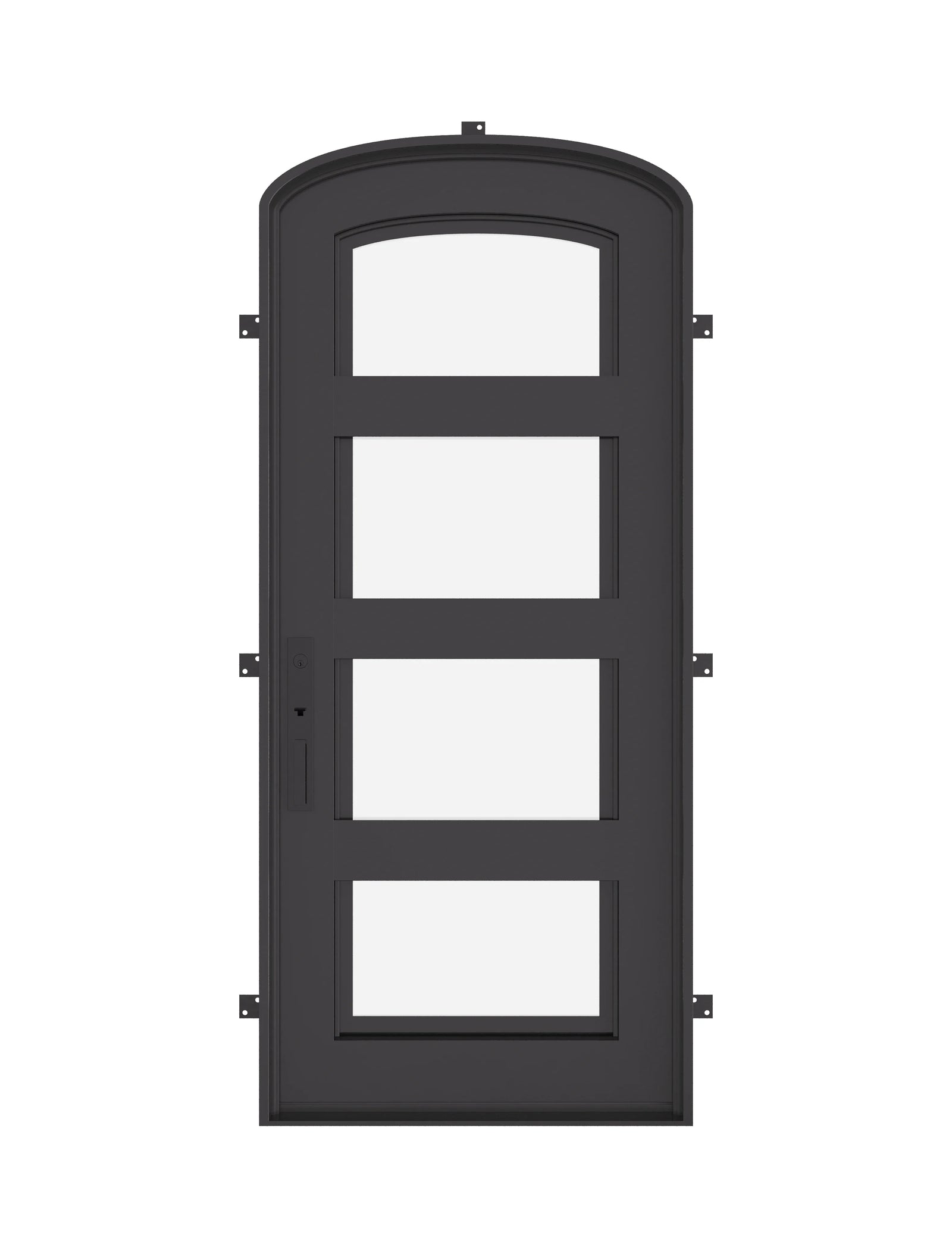 Knox architectural iron exterior mini arch top single door with glass in black color.
