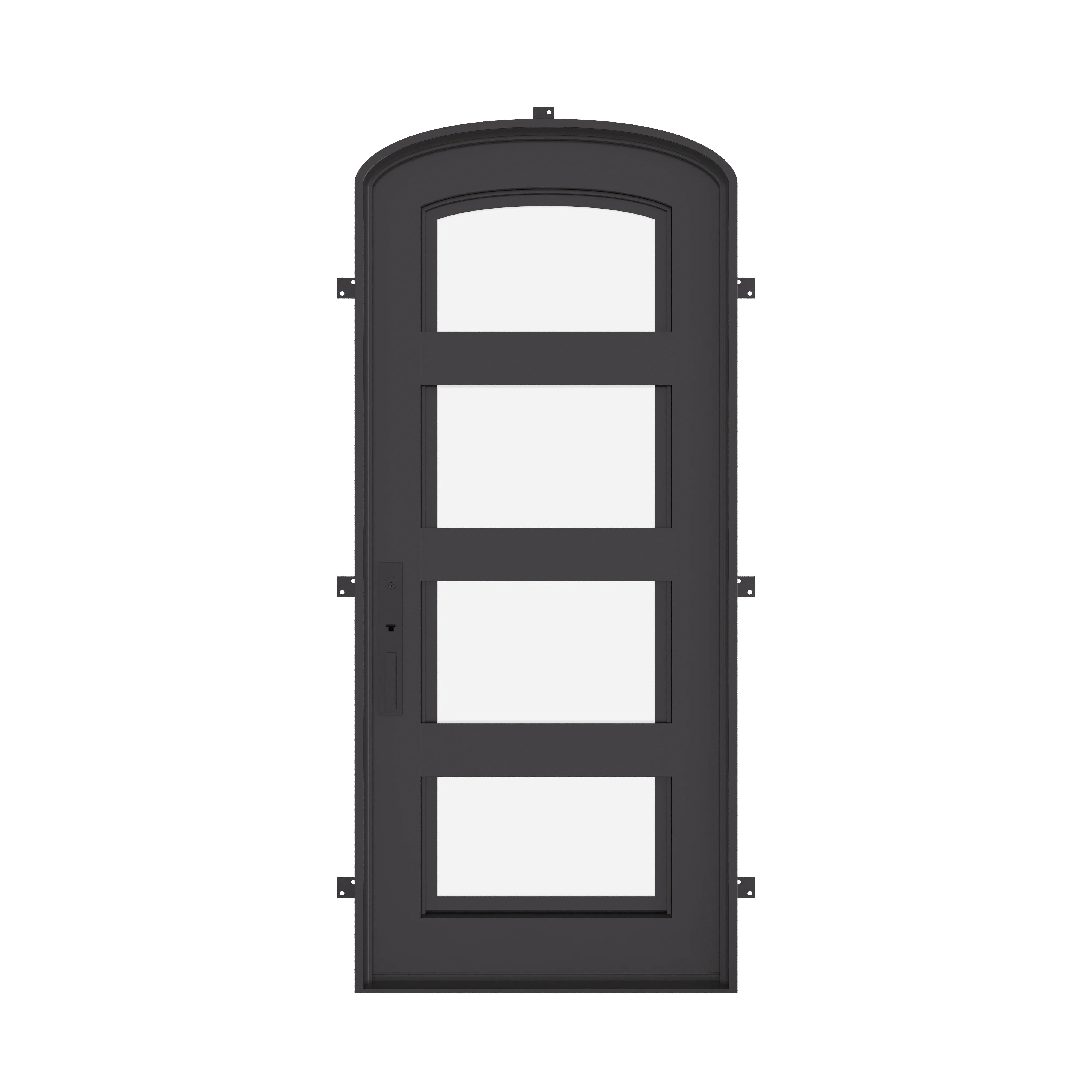 Knox architectural iron exterior mini arch top single door with glass in black color.