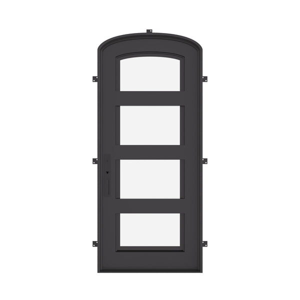 Knox architectural iron exterior mini arch top single door with glass in black color.