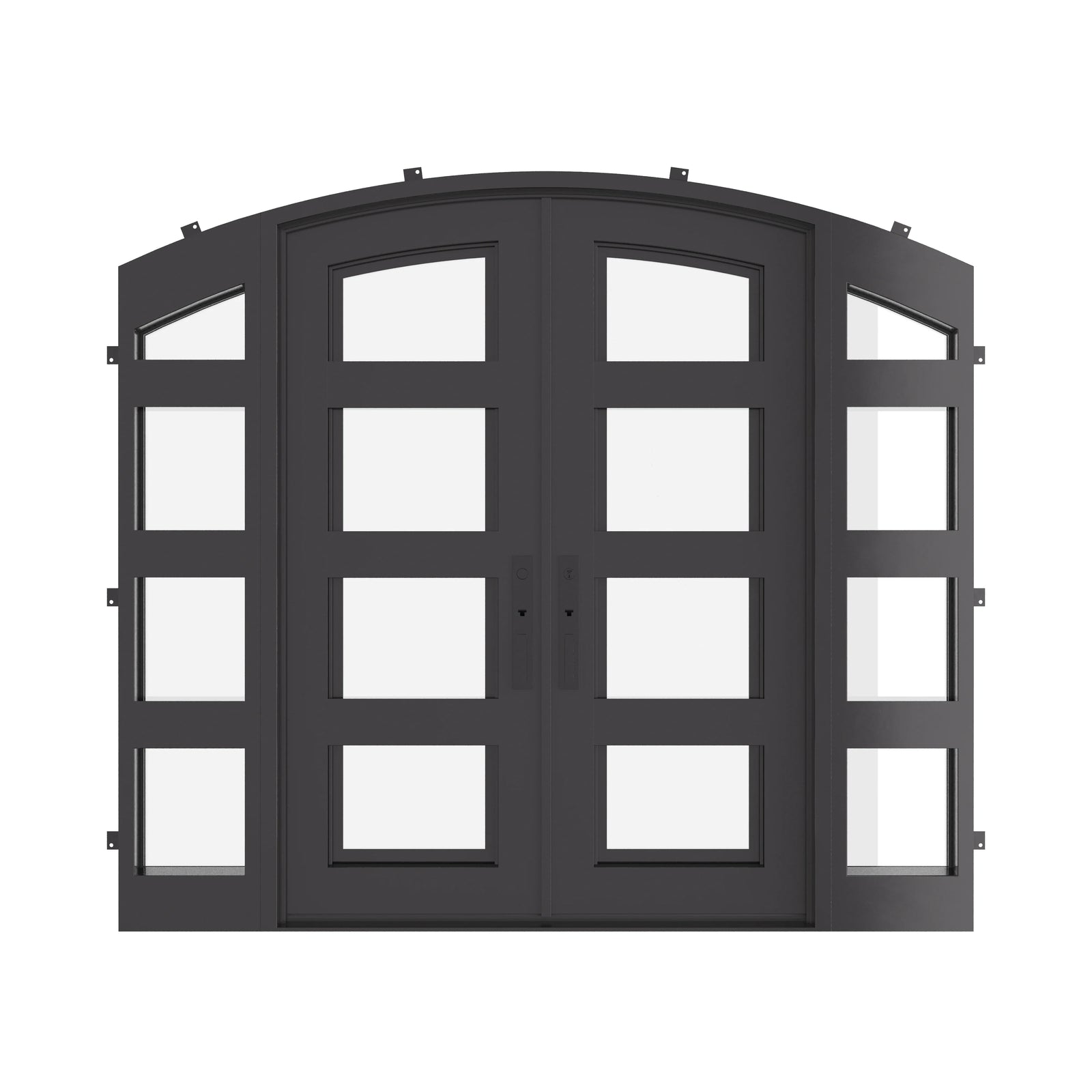 Knox curved top double entry door with thermal break and side windows in bronze.