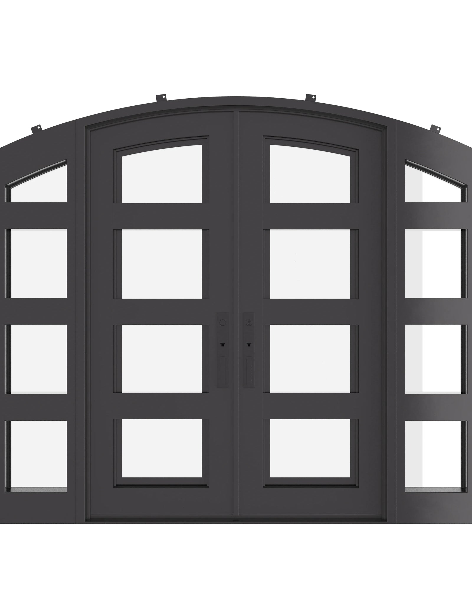 Knox curved top double entry door with thermal break and side windows in bronze.