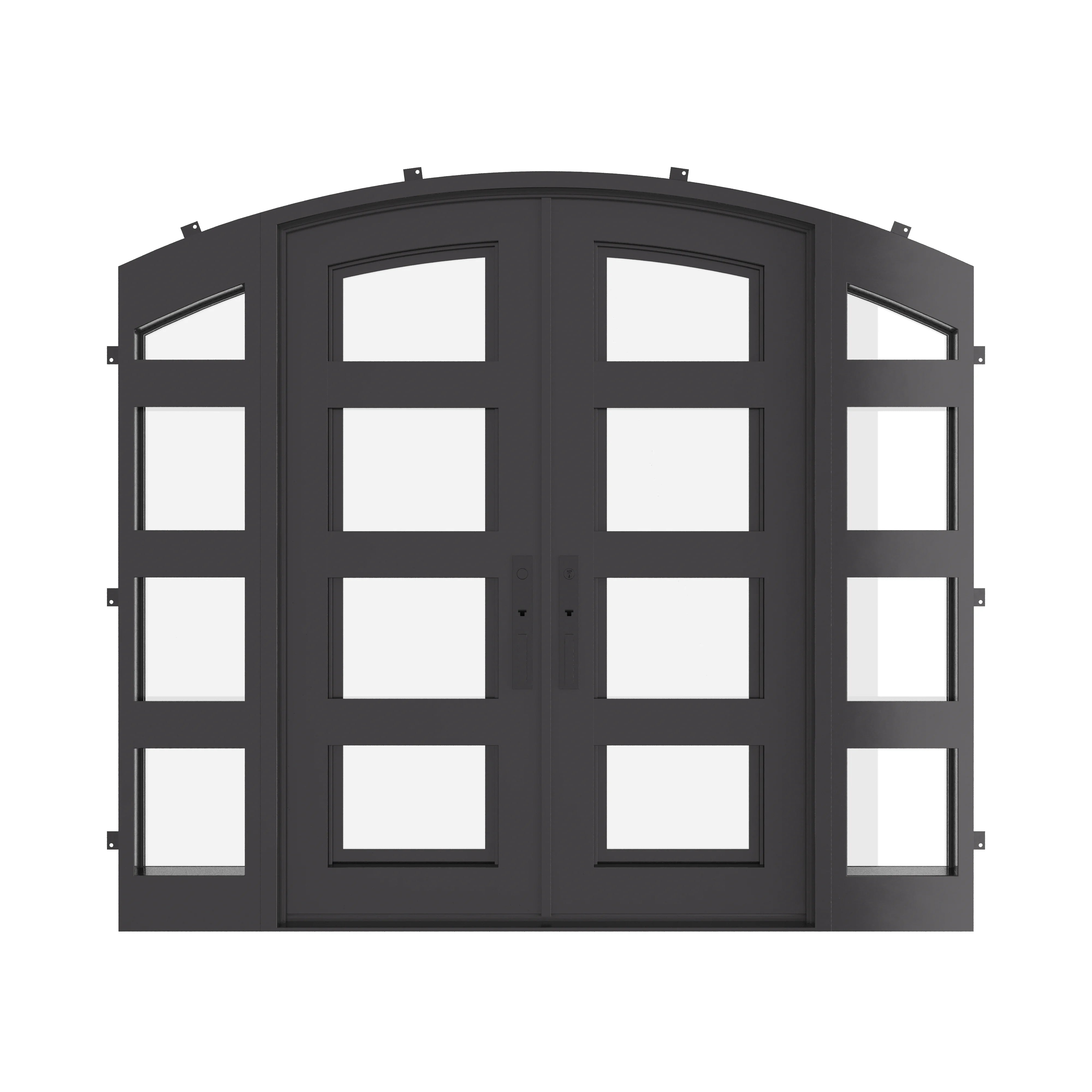 Knox curved top double entry door with thermal break and side windows in bronze.