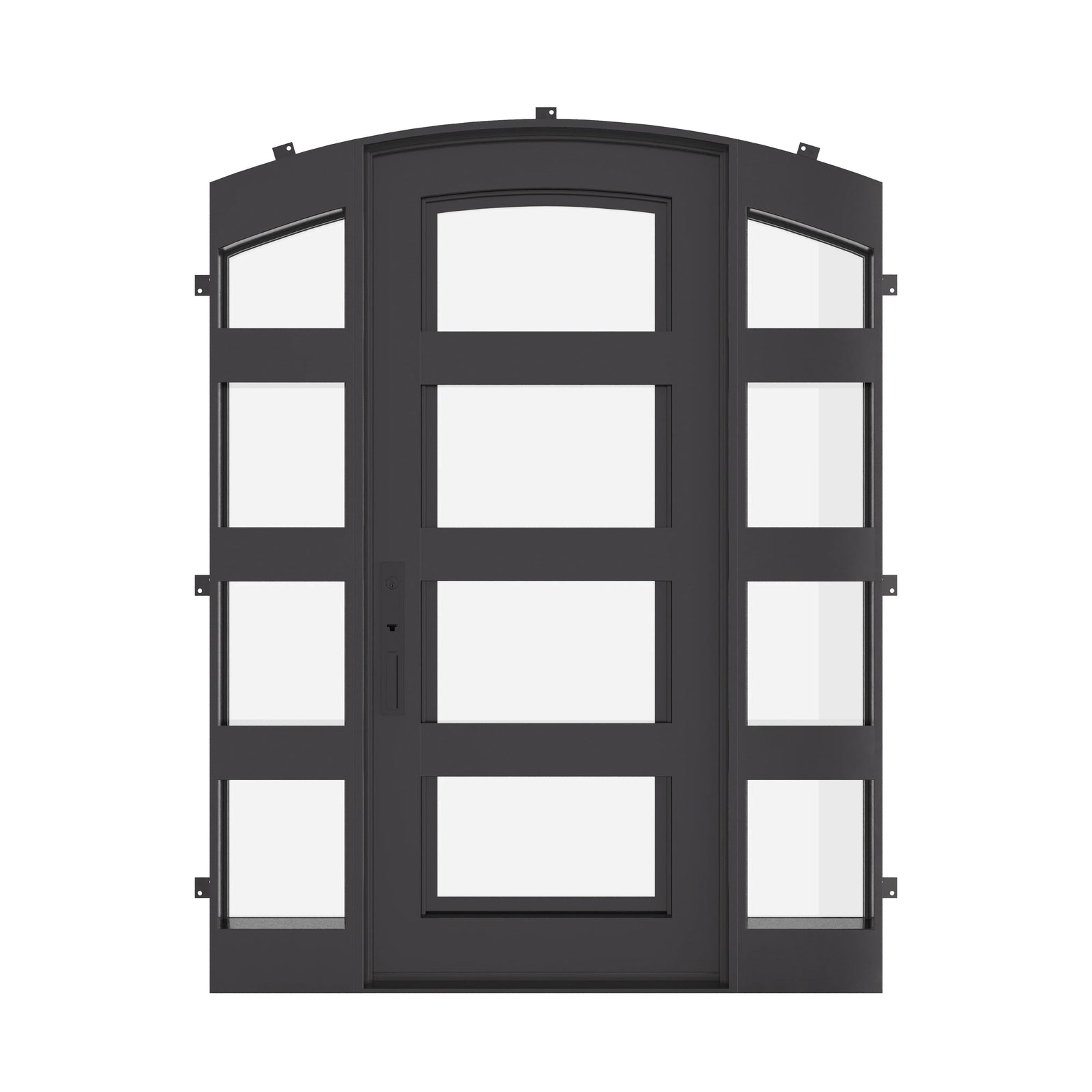 Knox thermally broken single arch top door with sidelights in black.