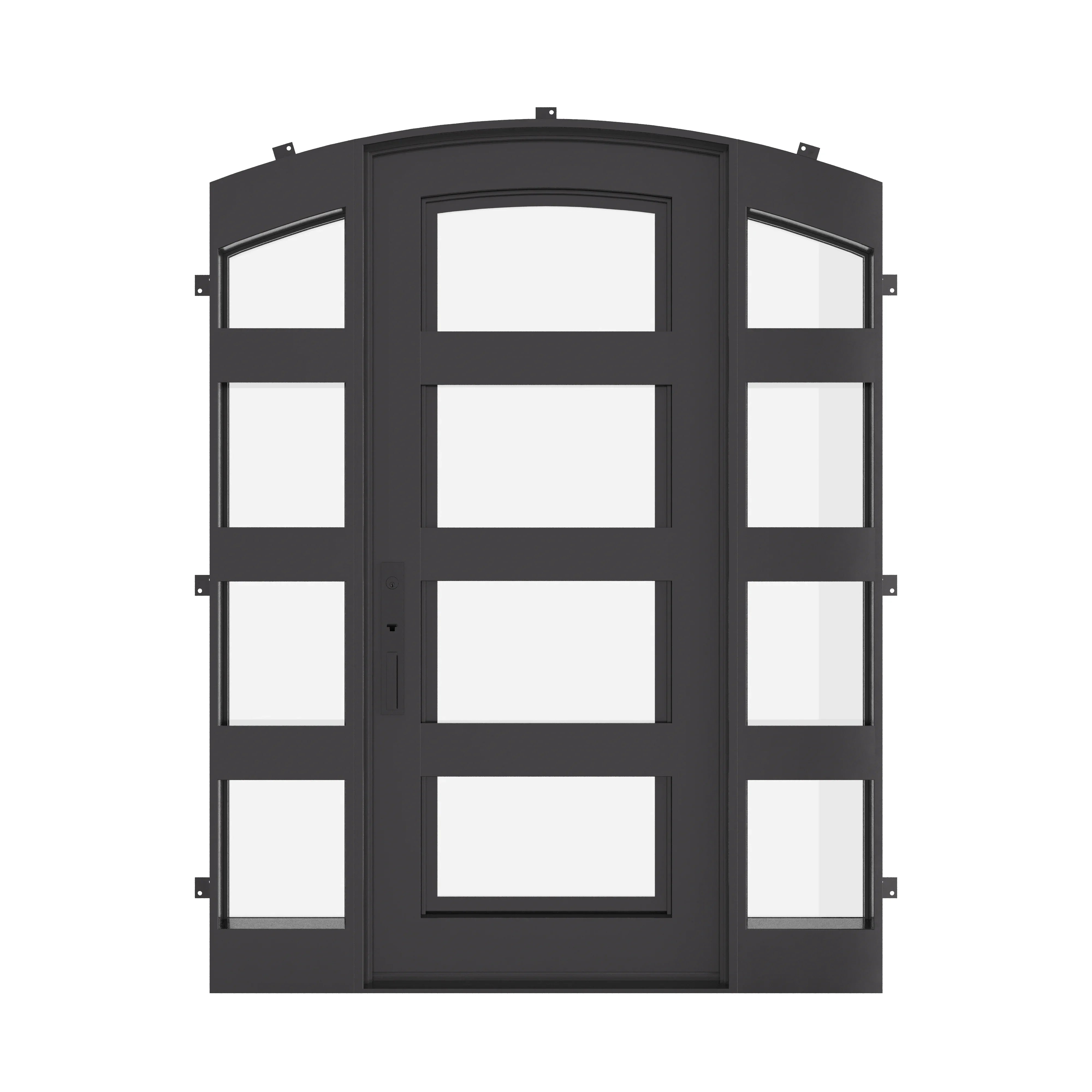 Knox thermally broken single arch top door with sidelights in black.