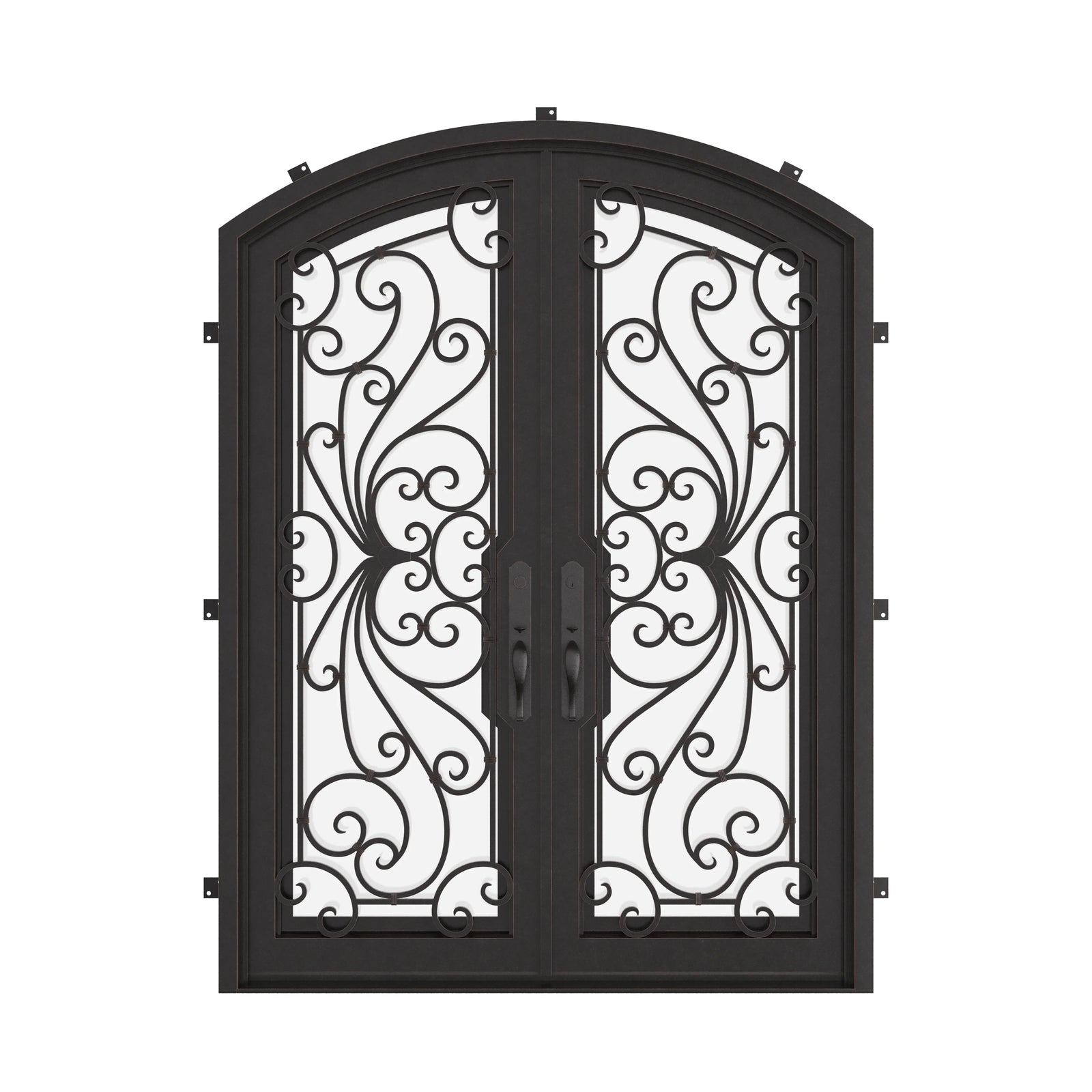 Miracle metal arch top door in black with glass and thermal break.