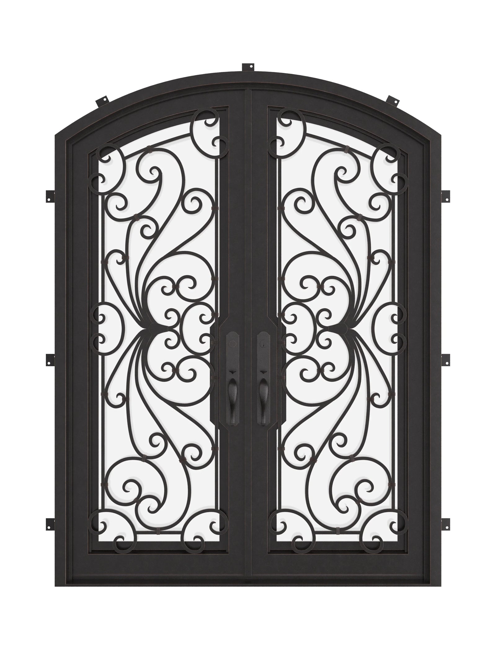 Miracle metal arch top door in black with glass and thermal break.