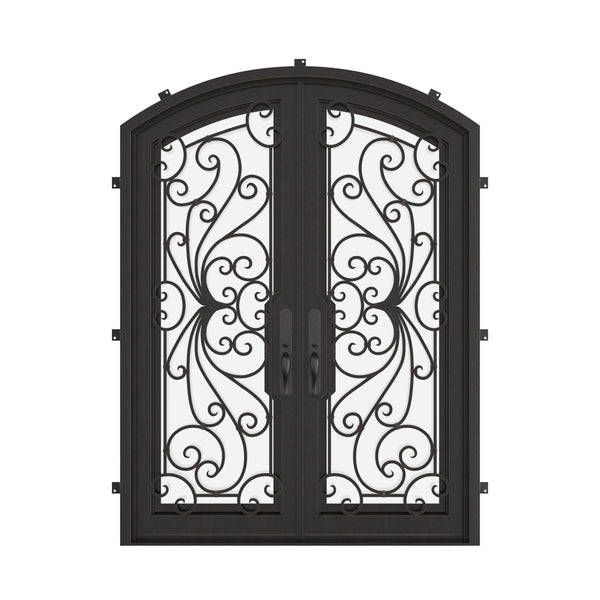 Miracle metal arch top door in black with glass and thermal break.