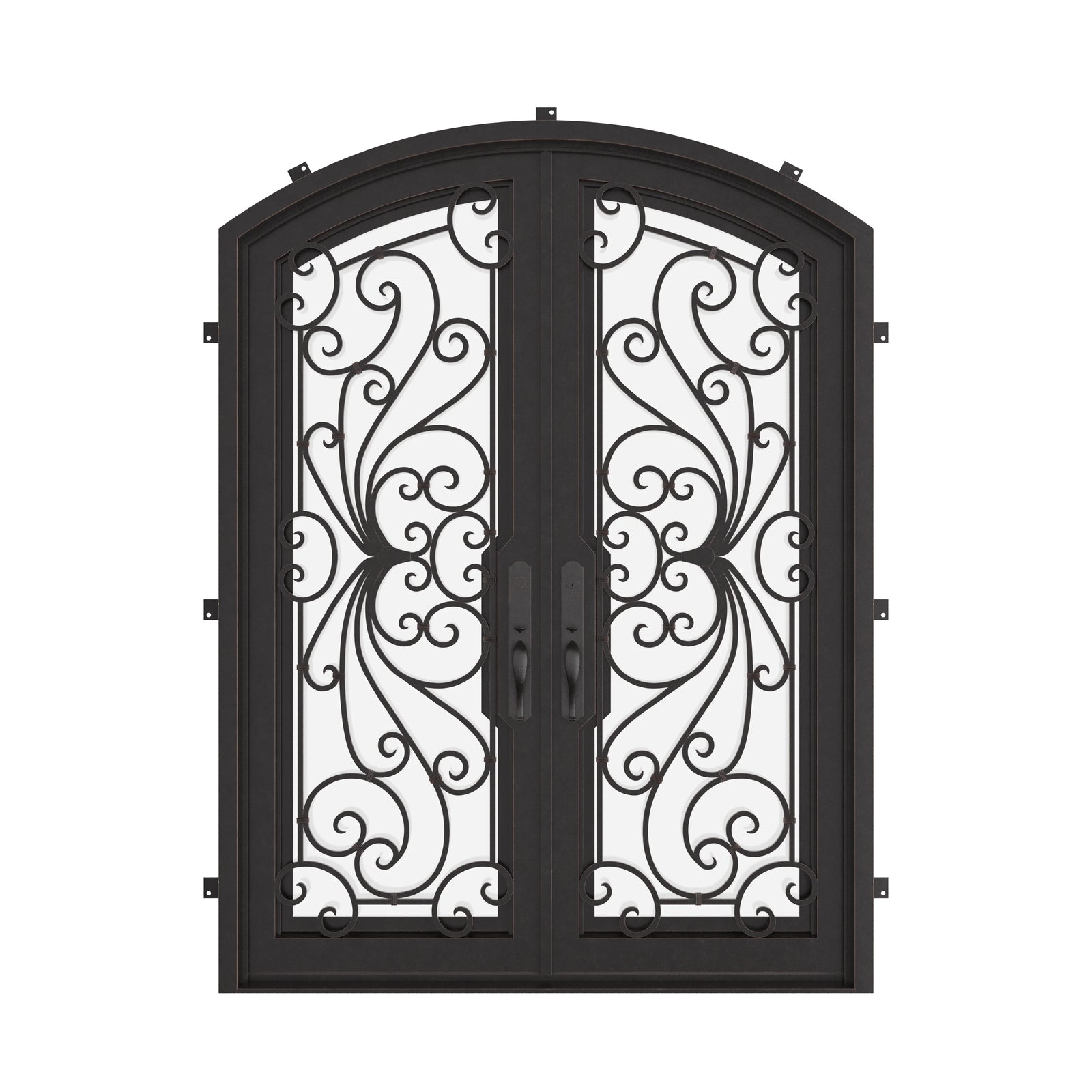 Miracle arched entry door with glass in bronze color.