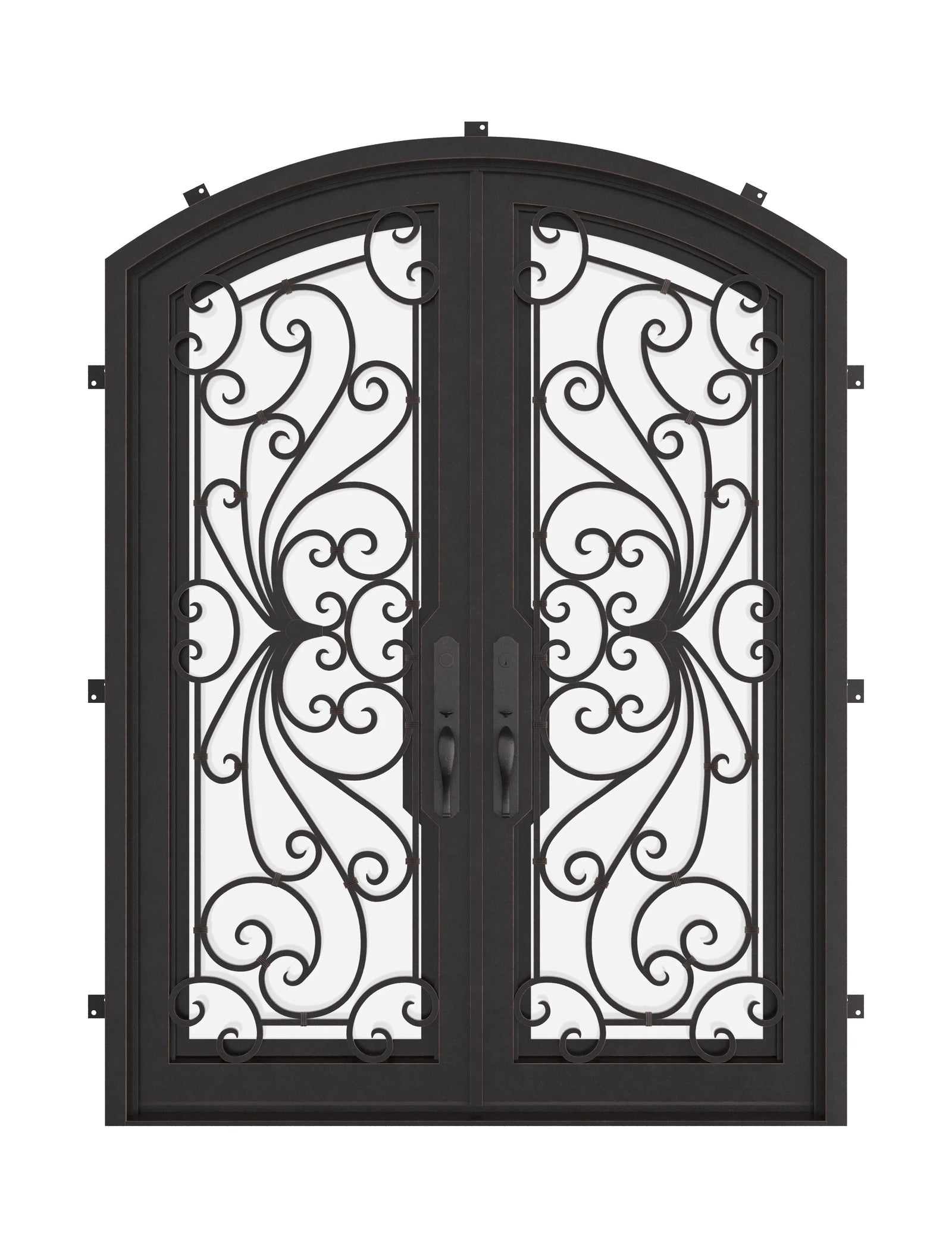 Miracle arched entry door with glass in bronze color.