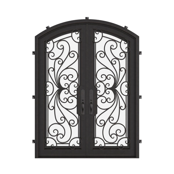 Miracle arched entry door with glass in bronze color.