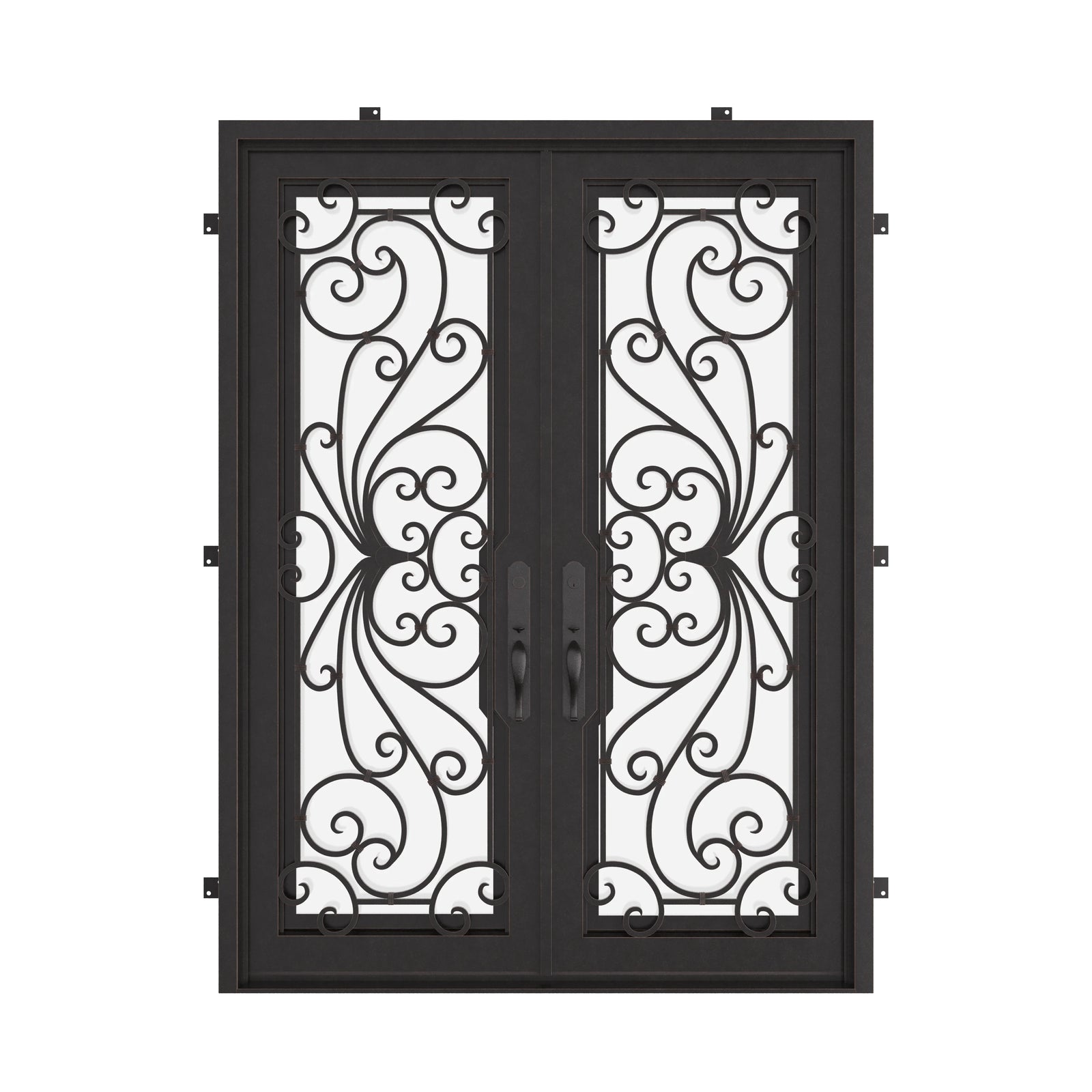 Miracle bronze color wrought iron double square top door with thick glass.