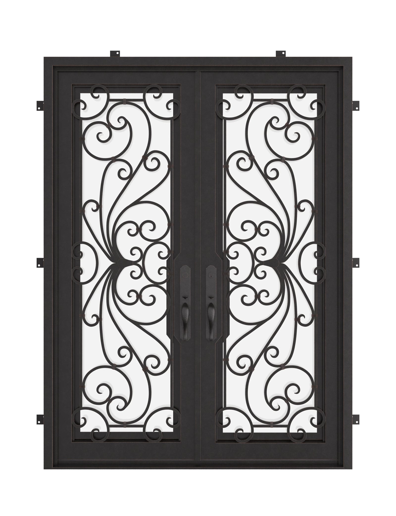 Miracle bronze color wrought iron double square top door with thick glass.