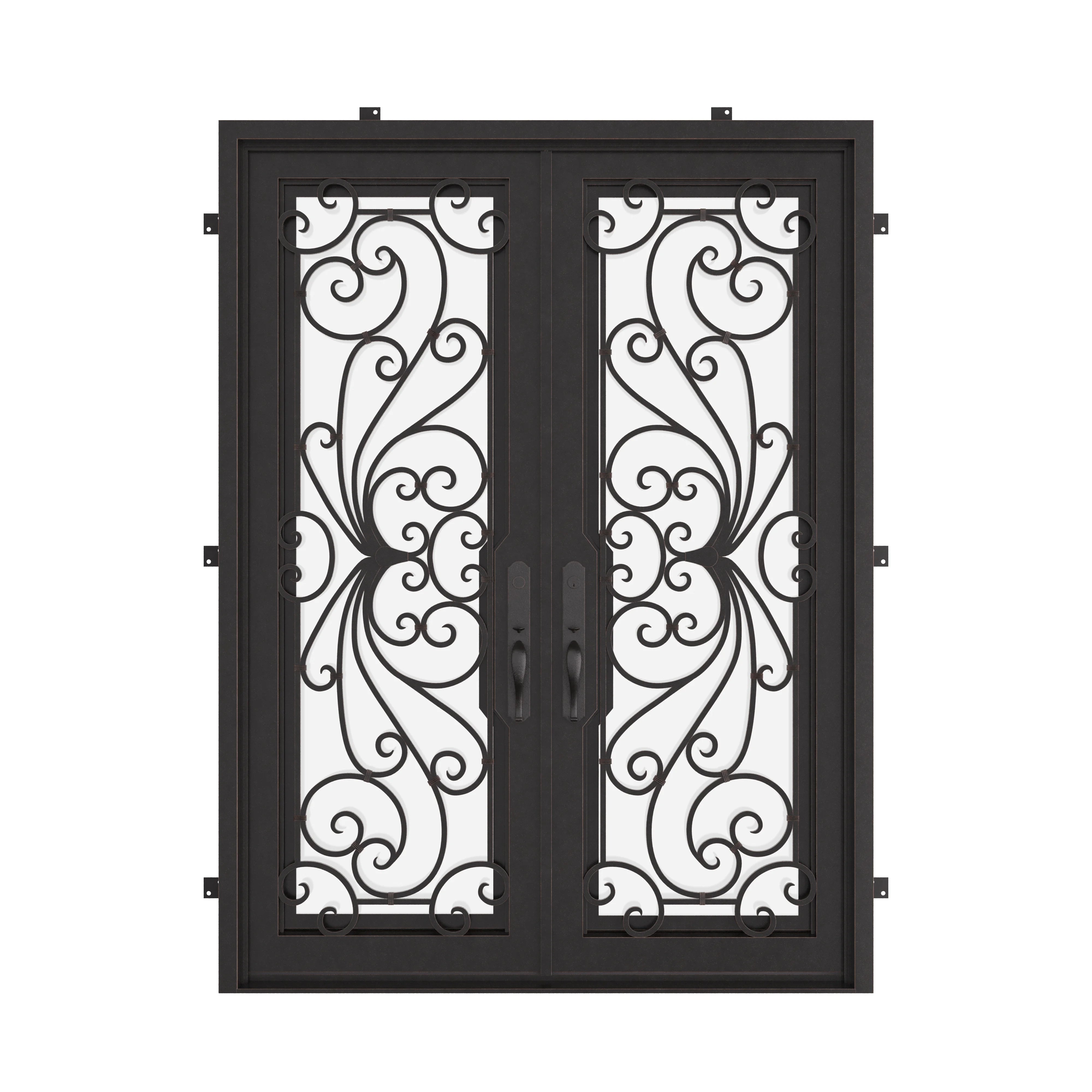 Miracle bronze color wrought iron double square top door with thick glass.