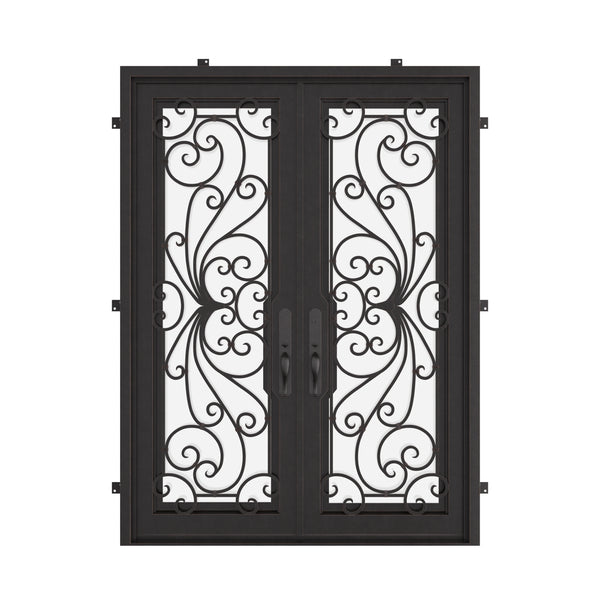Miracle bronze color wrought iron double square top door with thick glass.