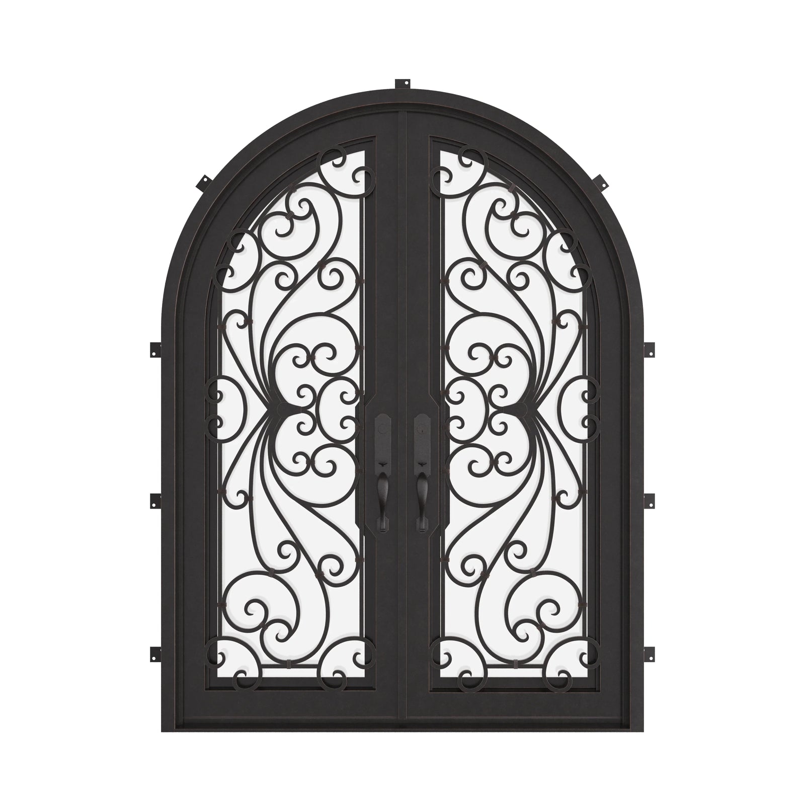 Miracle full arch top double hinged door with ornate metalwork and glass.
