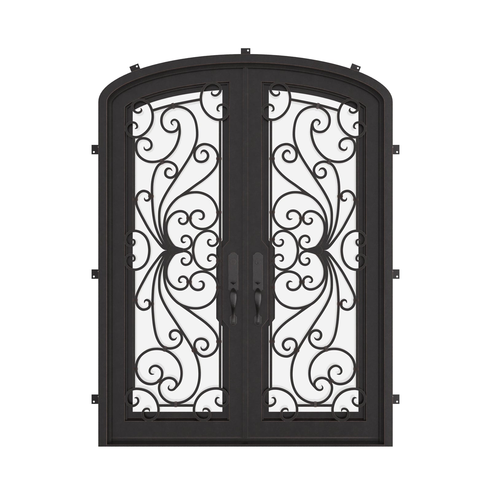 Miracle entry door with glass windows in bronze shade and arched style.
