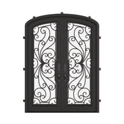 Miracle entry door with glass windows in bronze shade and arched style.