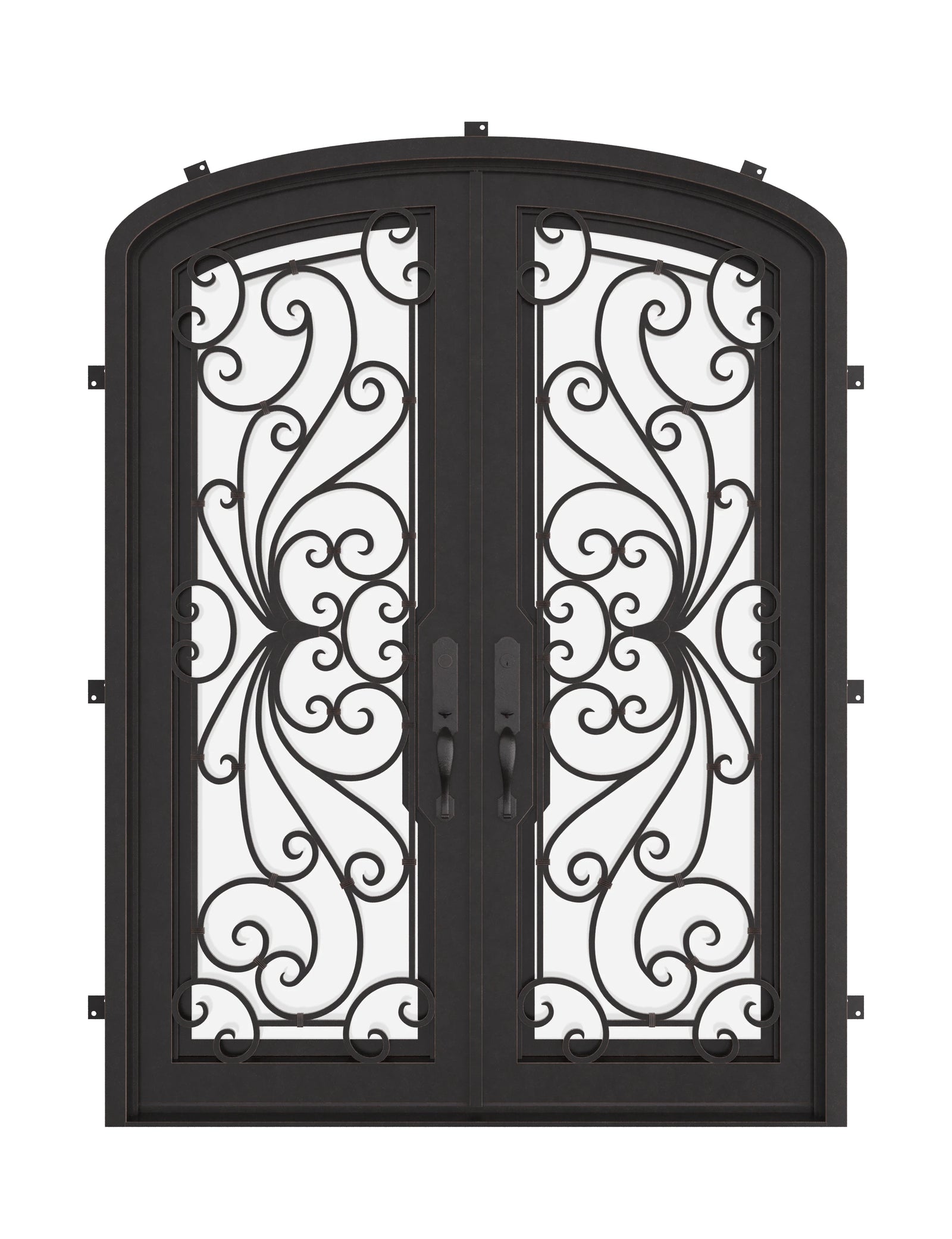Miracle entry door with glass windows in bronze shade and arched style.