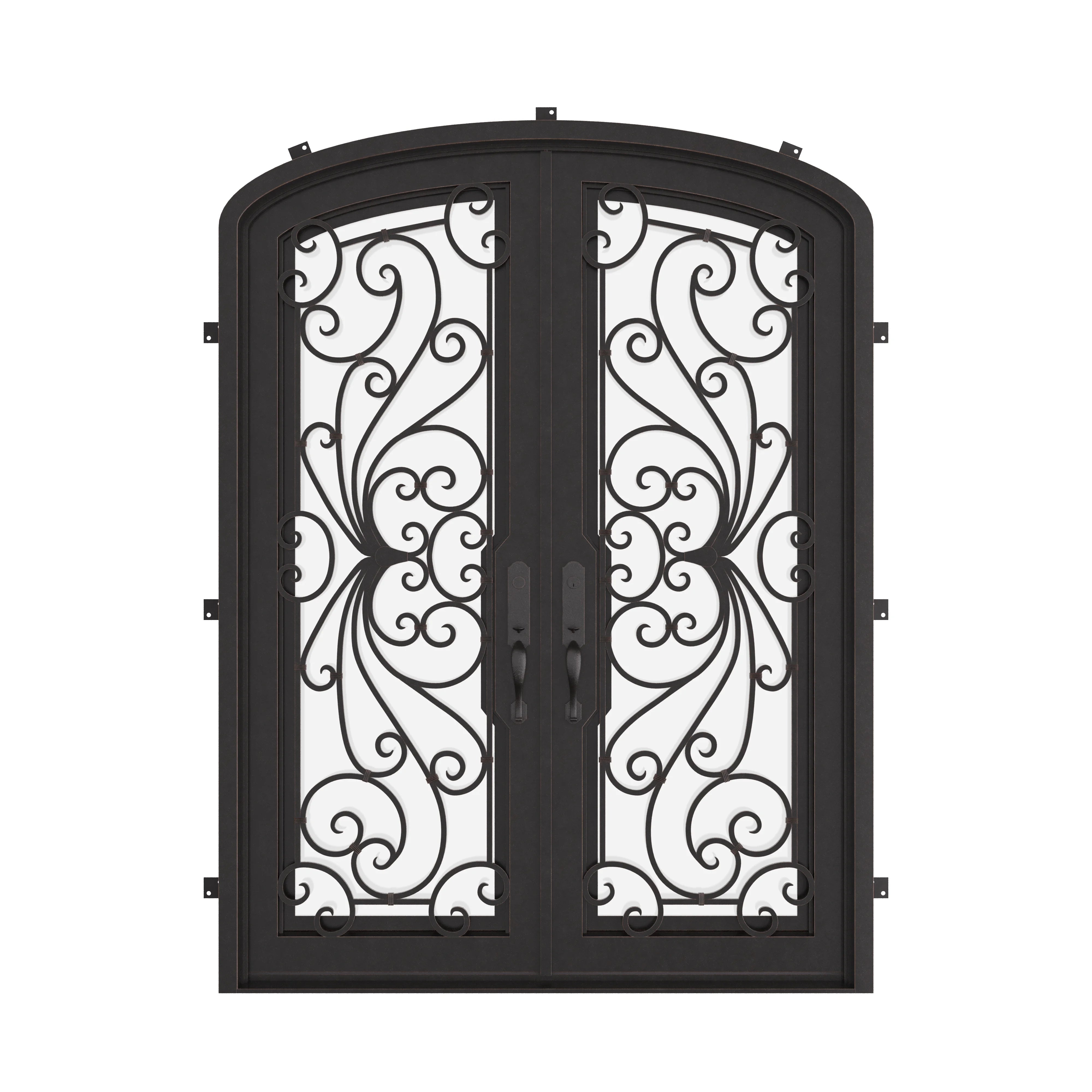 Miracle entry door with glass windows in bronze shade and arched style.