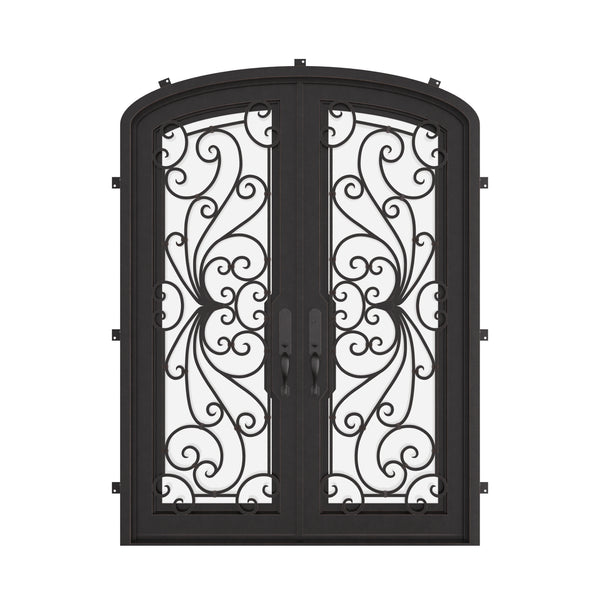 Miracle entry door with glass windows in bronze shade and arched style.