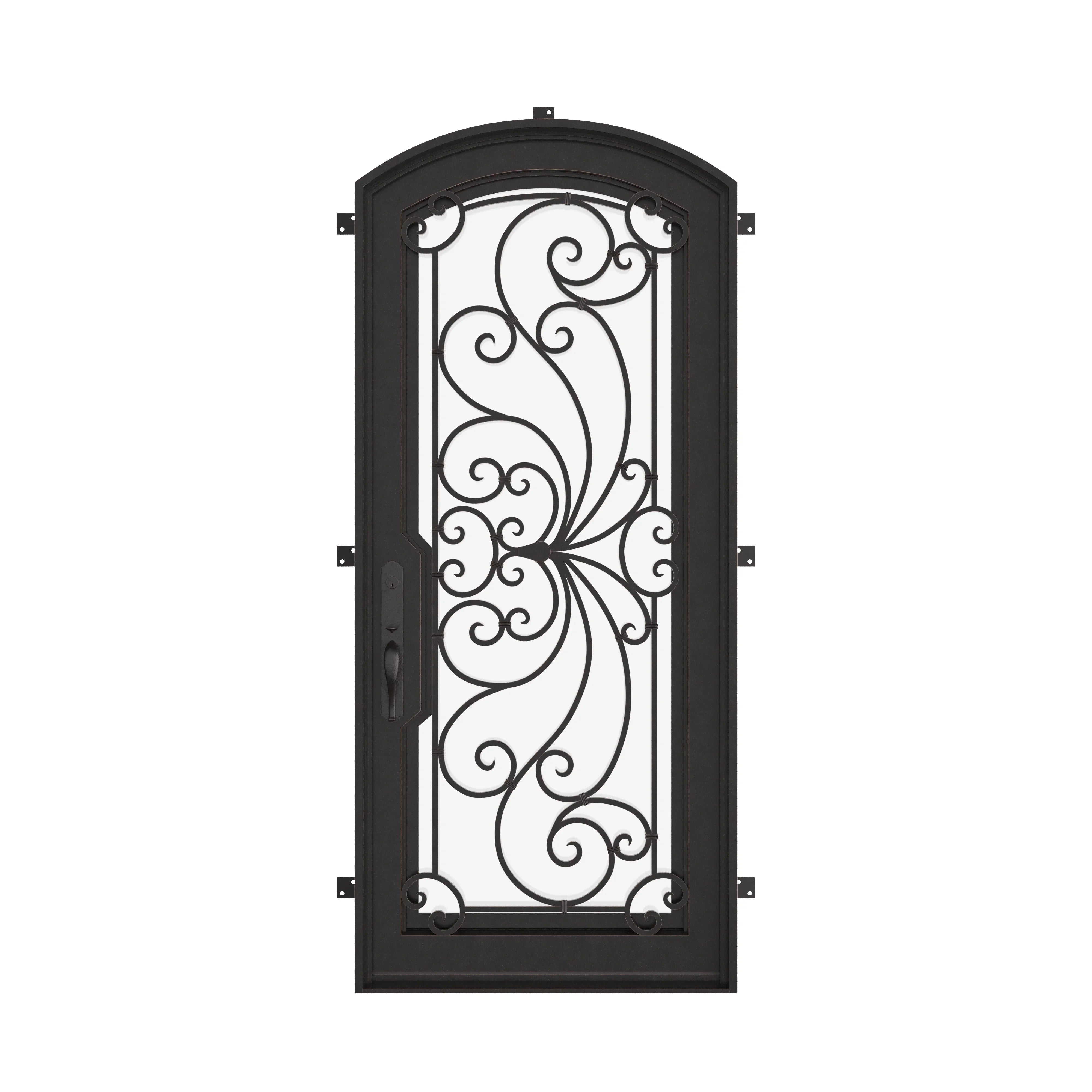 Miracle flat top single flat door for cold weather with hand forged scrollwork.