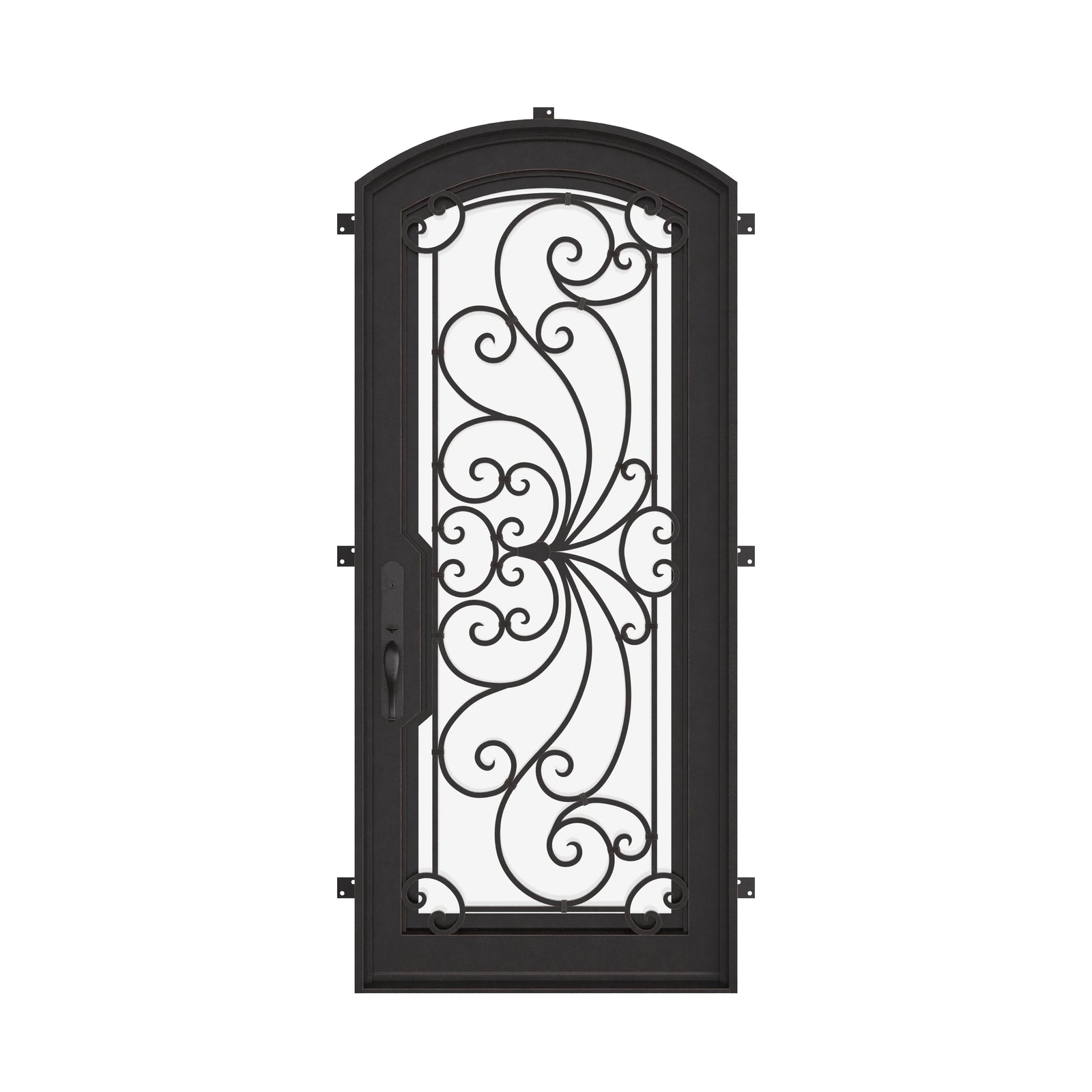 Miracle black exterior iron single arch top door with thick glass and scrollwork.