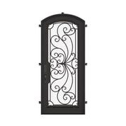 Miracle black exterior iron single arch top door with thick glass and scrollwork.