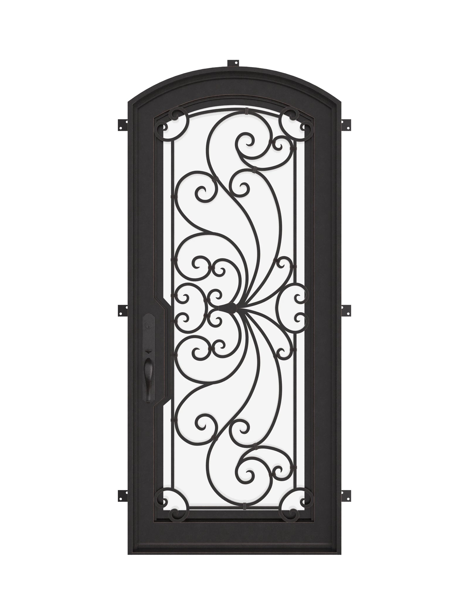Miracle black exterior iron single arch top door with thick glass and scrollwork.