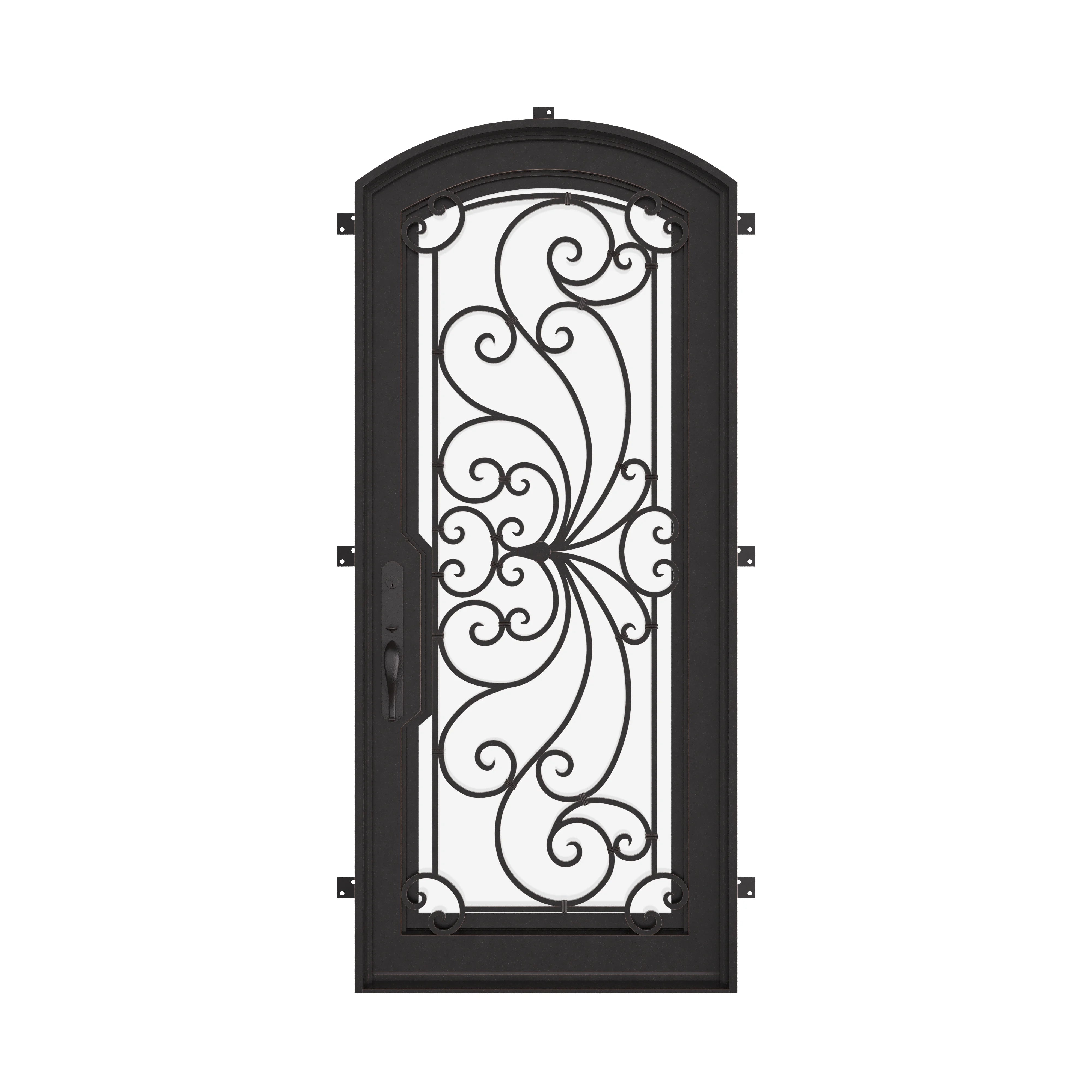 Miracle black exterior iron single arch top door with thick glass and scrollwork.