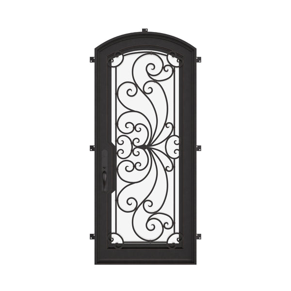 Miracle black exterior iron single arch top door with thick glass and scrollwork.
