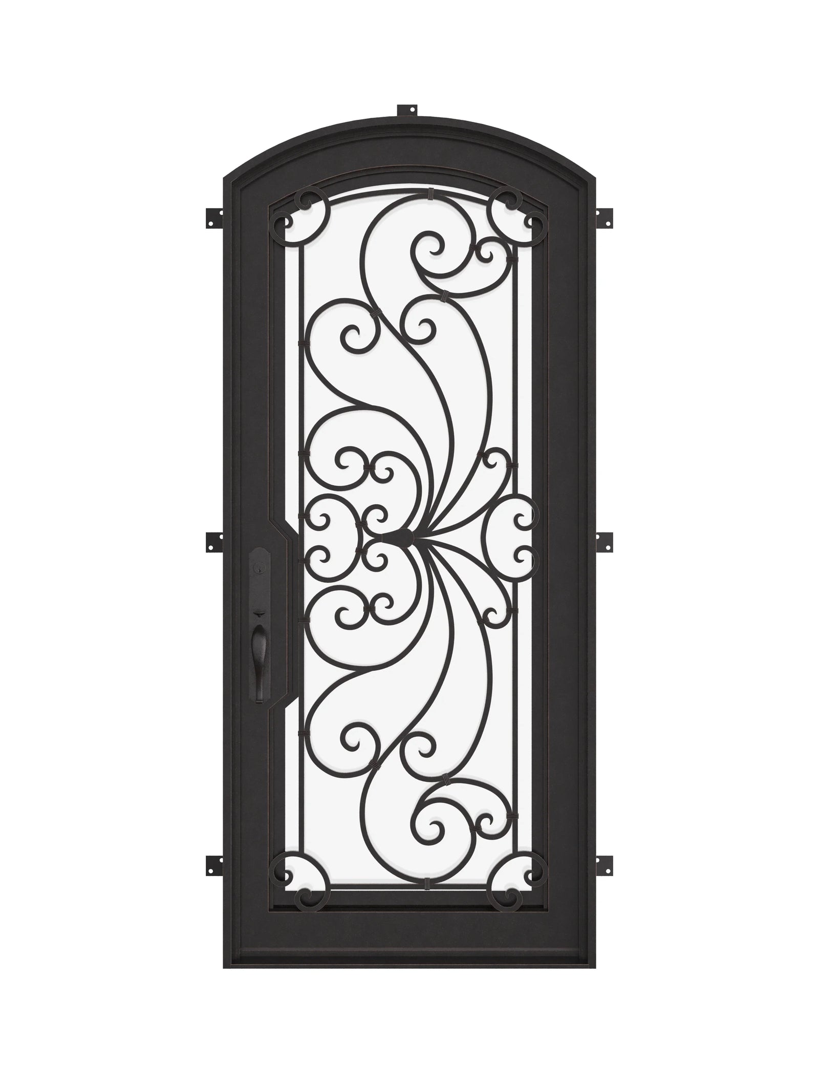 Miracle curved top swinging door in bronze finish with thick glass.