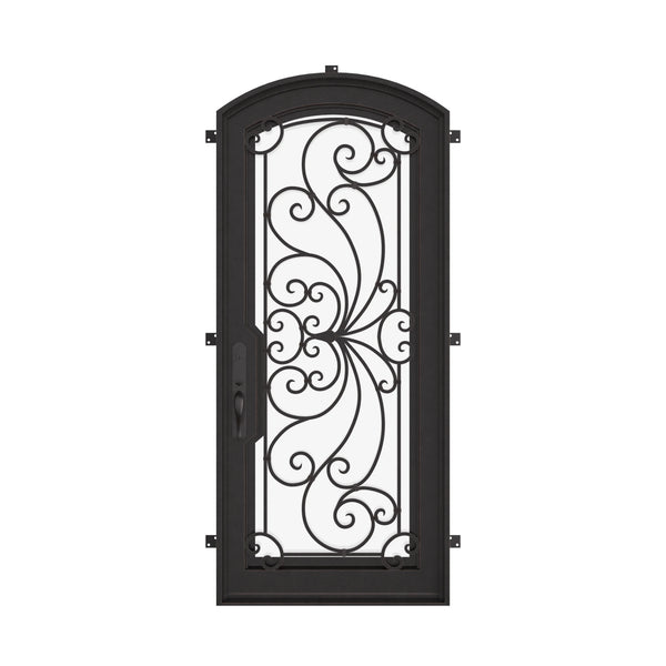 Miracle curved top swinging door in bronze finish with thick glass.
