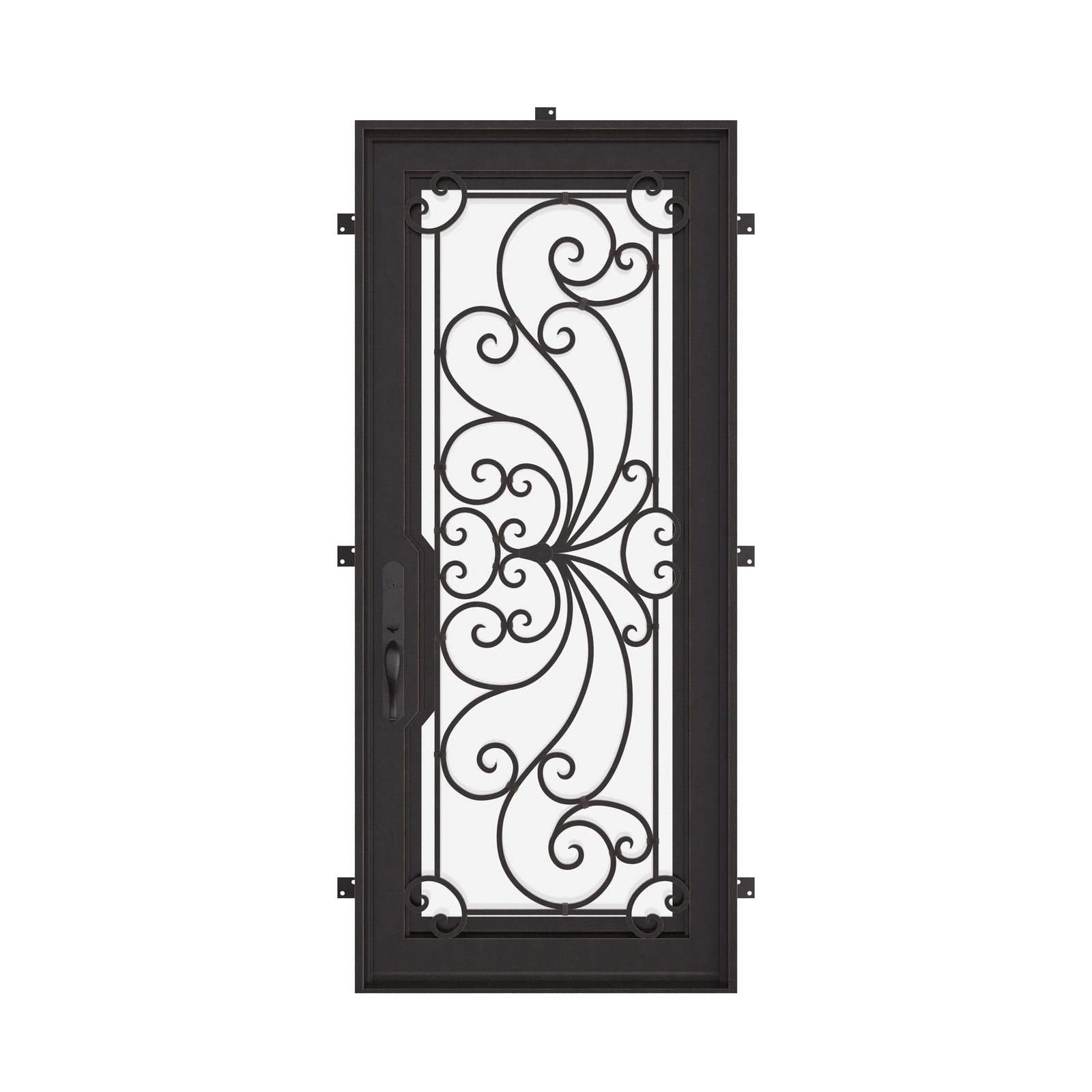 Miracle Architectural bronze iron flat top single swing door with glass insert.