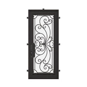 Miracle Architectural bronze iron flat top single swing door with glass insert.