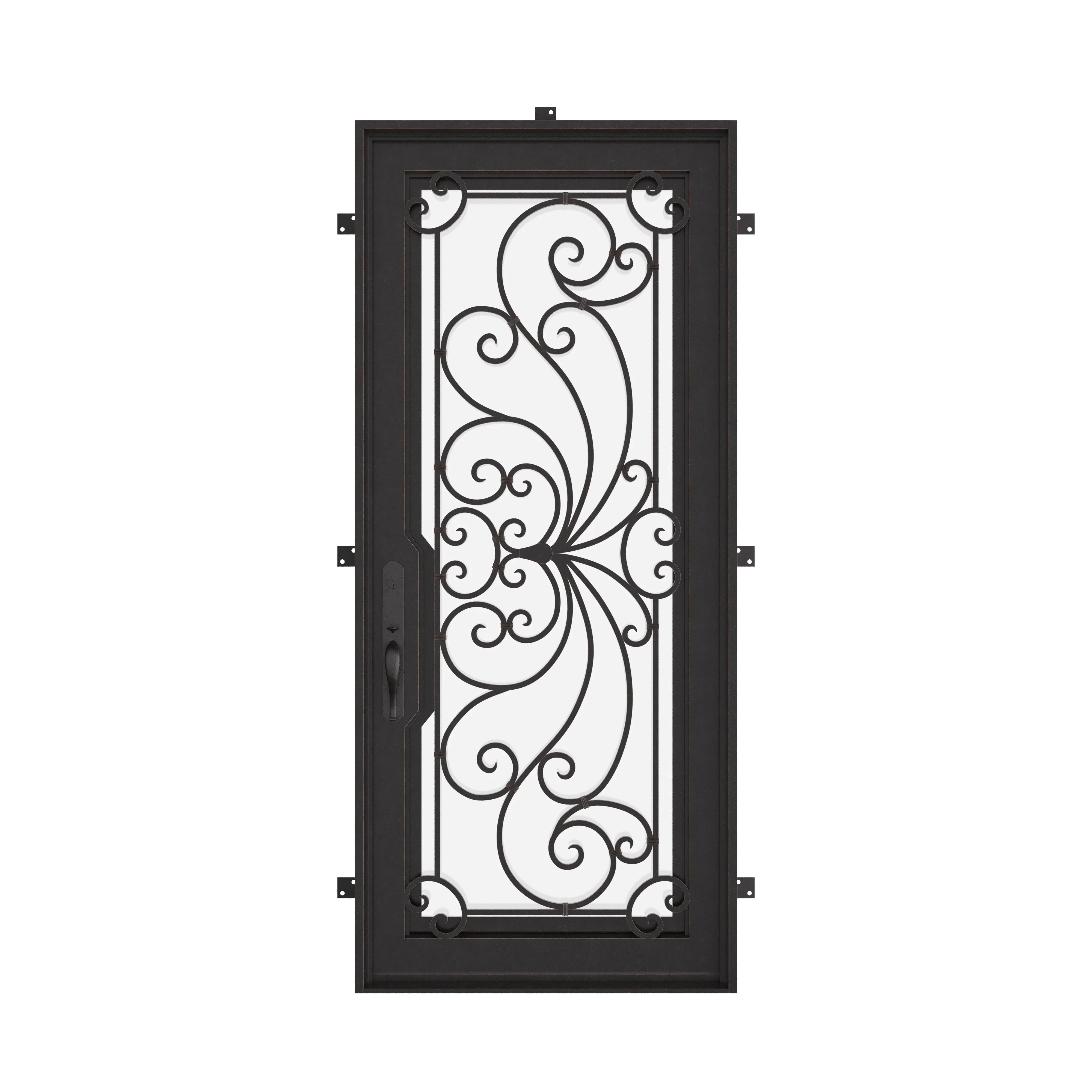 Miracle Architectural bronze iron flat top single swing door with glass insert.