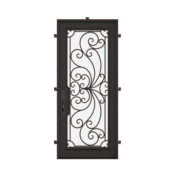 Miracle Architectural bronze iron flat top single swing door with glass insert.