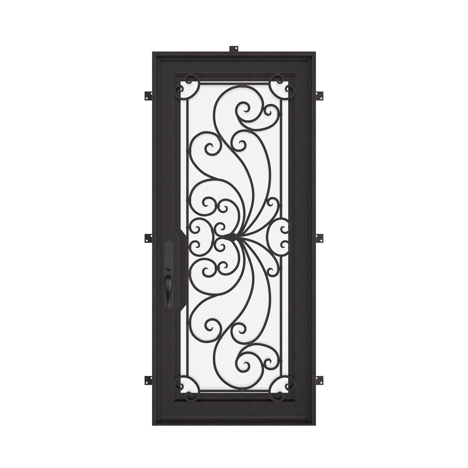 Miracle Pre-hung black wrought iron flat top single door with glass insert.