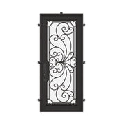 Miracle Pre-hung black wrought iron flat top single door with glass insert.
