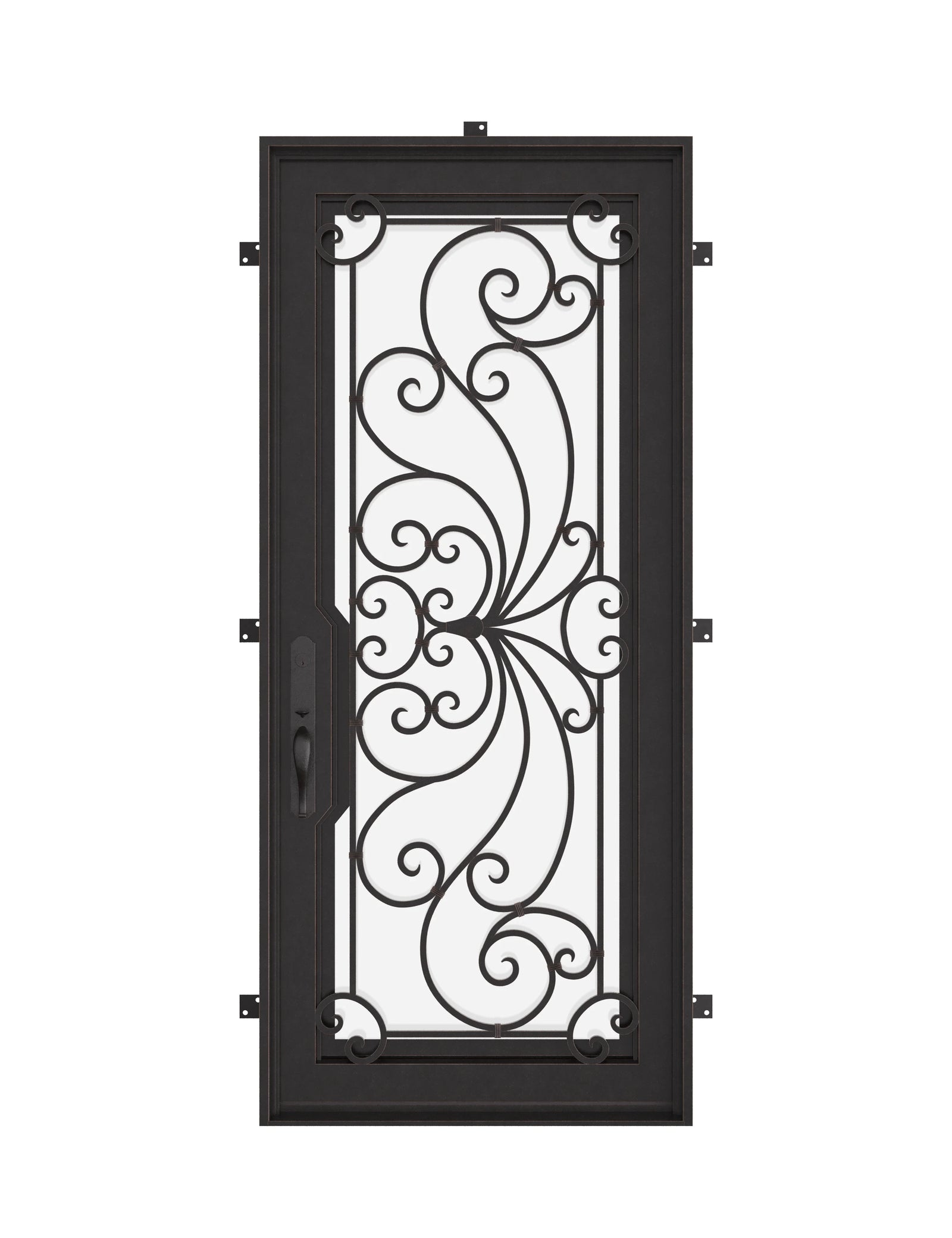 Miracle Pre-hung black wrought iron flat top single door with glass insert.
