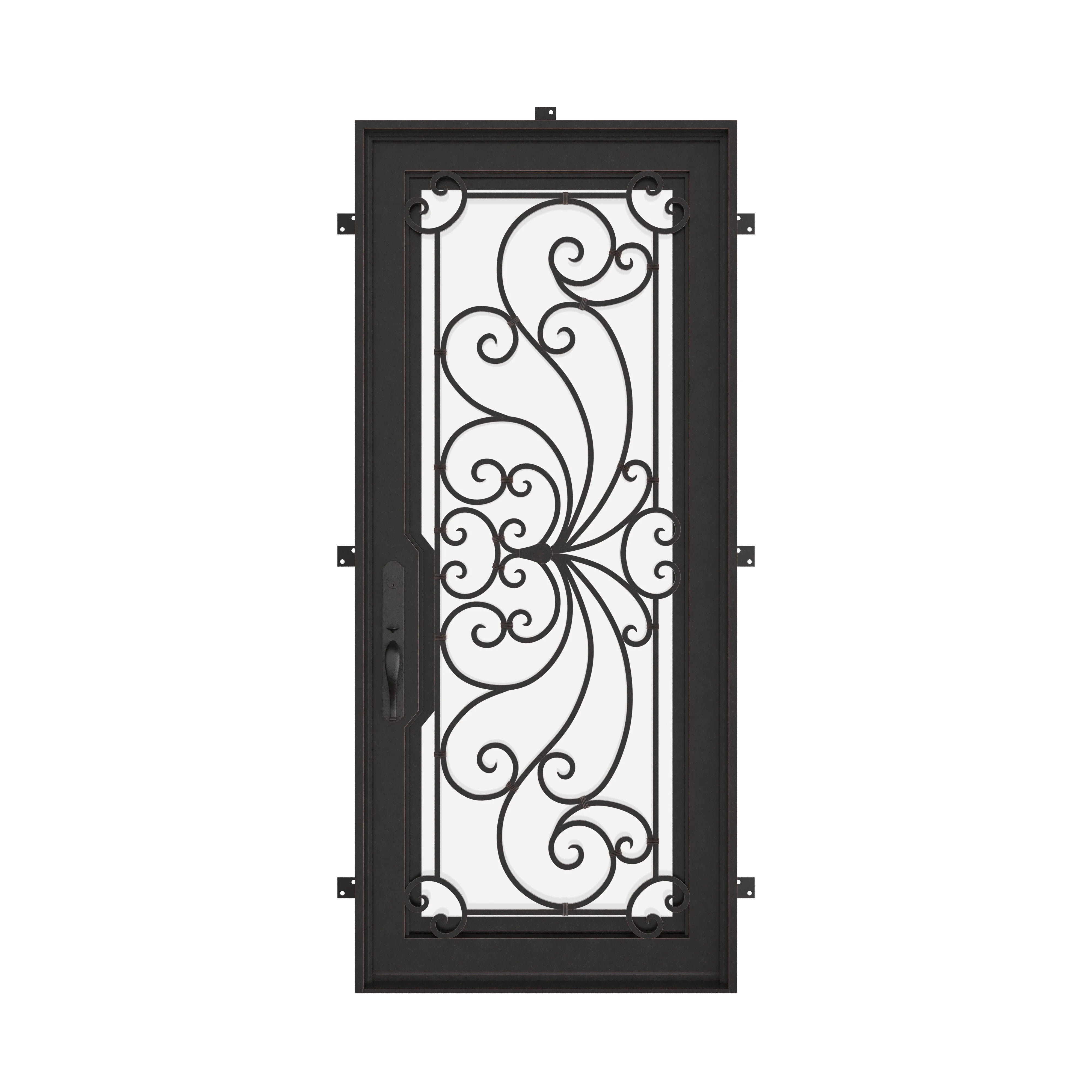 Miracle Pre-hung black wrought iron flat top single door with glass insert.