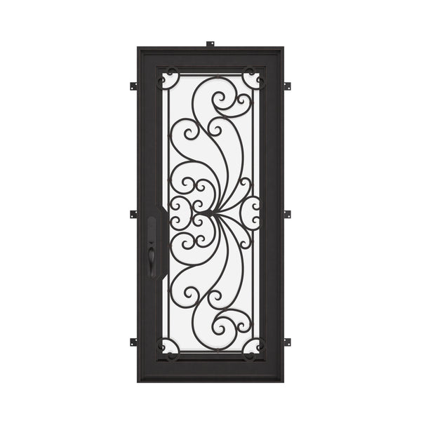 Miracle Pre-hung black wrought iron flat top single door with glass insert.