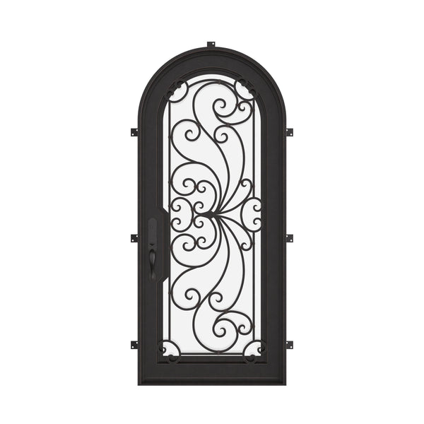 Miracle black architectural iron single full arch entry door with tempered glass.