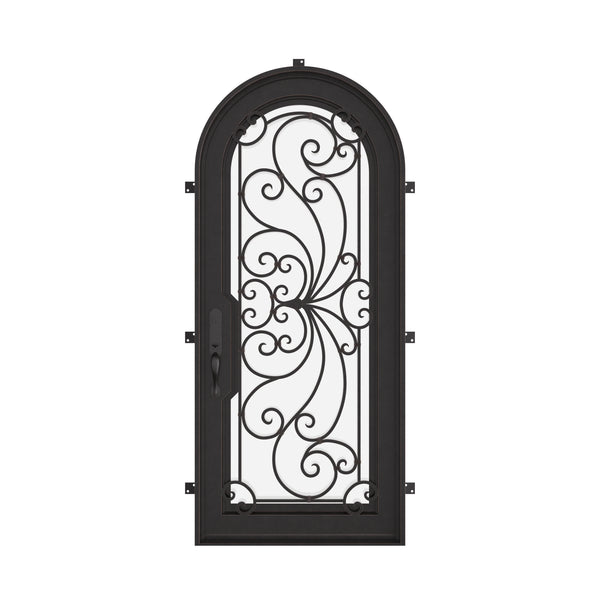 Miracle single full arch top door with energy efficient double tempered glass in black color.
